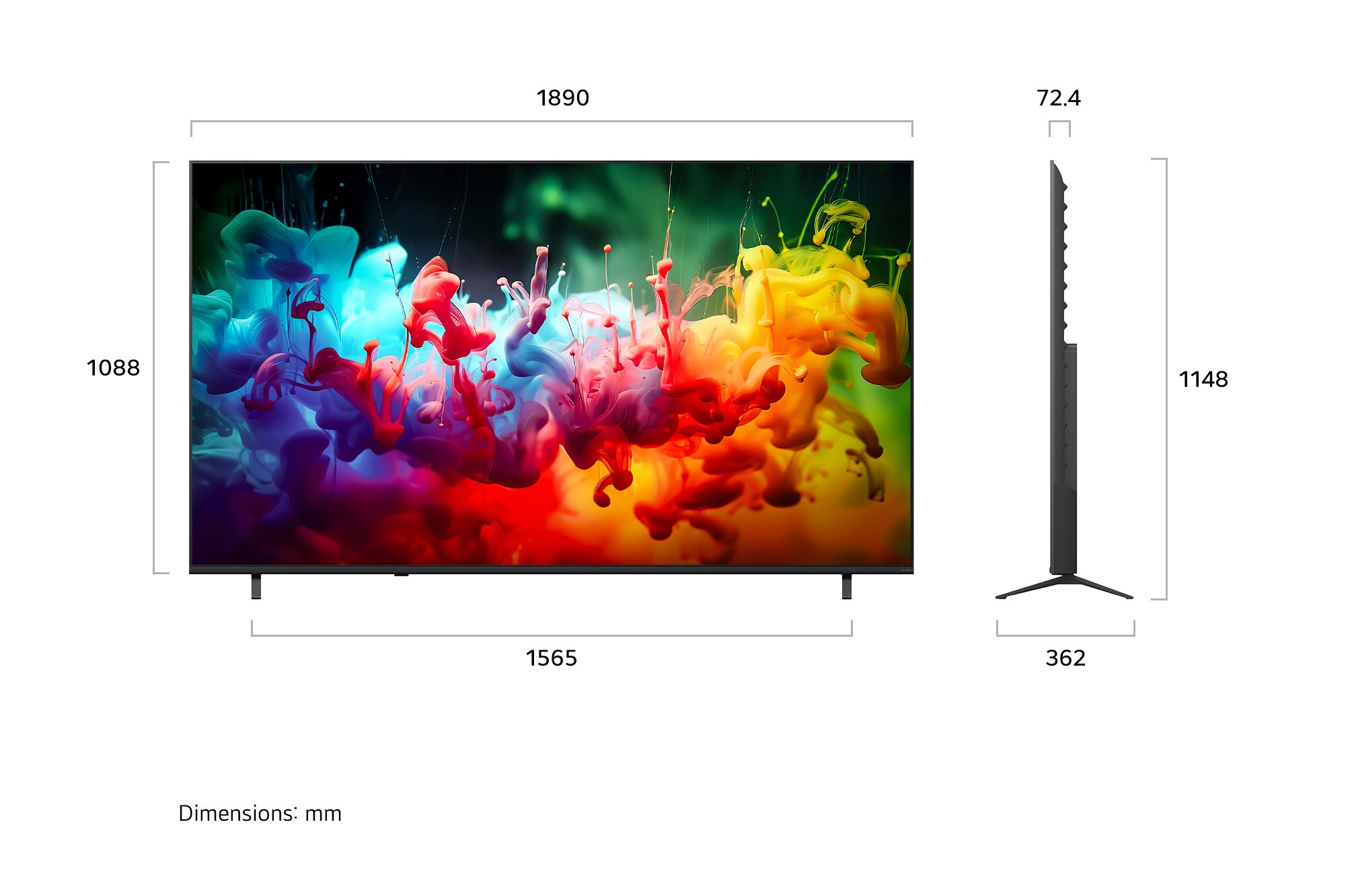 Un téléviseur affichant des volutes d'encre colorées, avec dimensions.