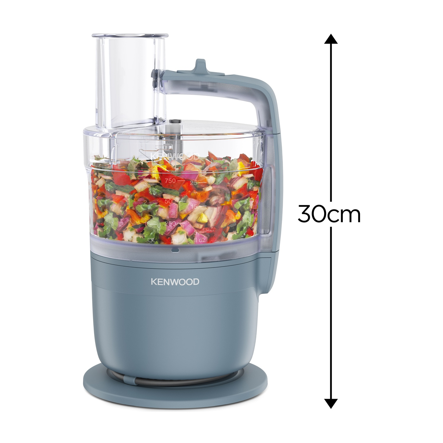 Accessorio robot da cucina Kenwood grigio con verdure tritate, altezza 30cm.