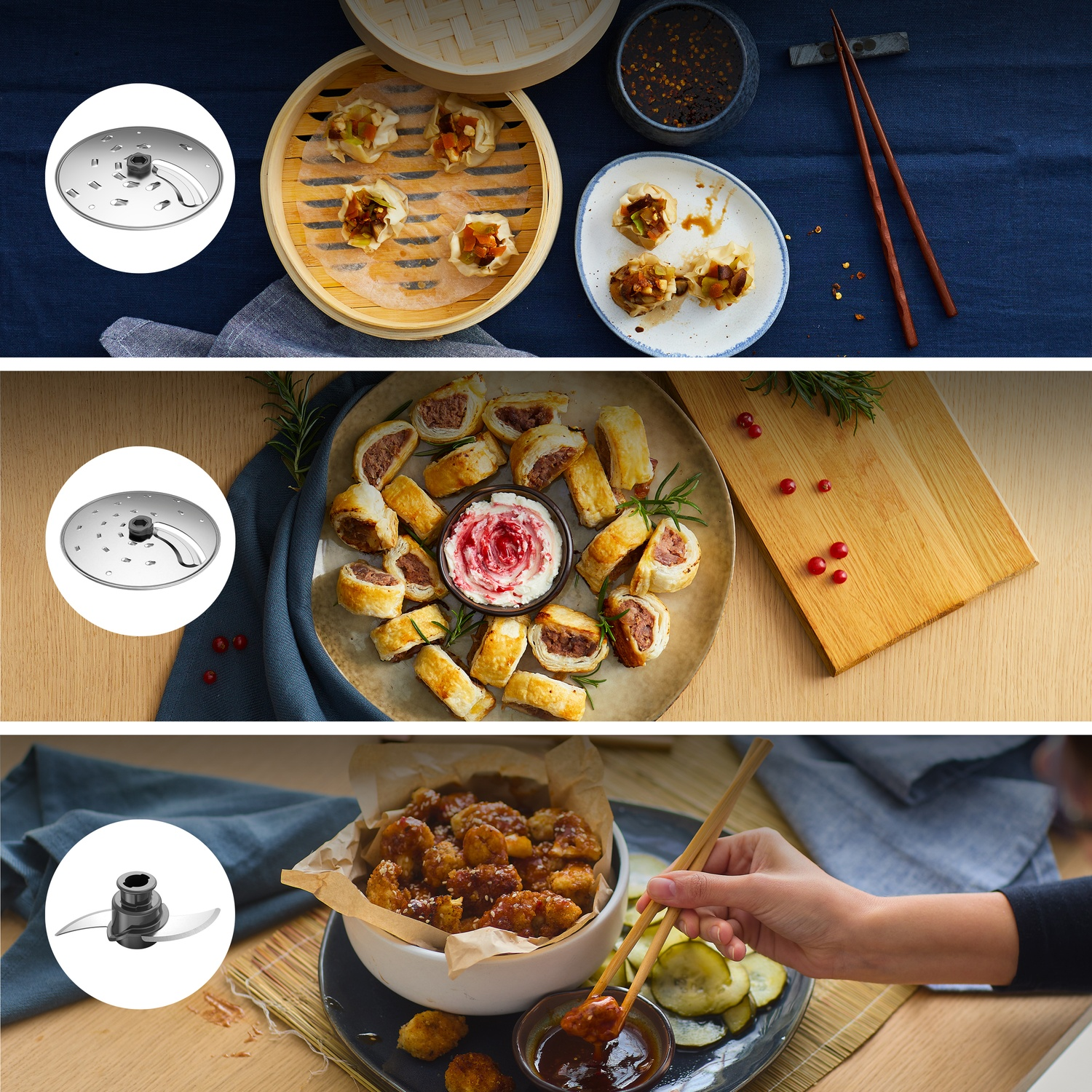 Collage di preparazione cibo: Dim sum, involtini di salsiccia e pezzi di pollo fritto.