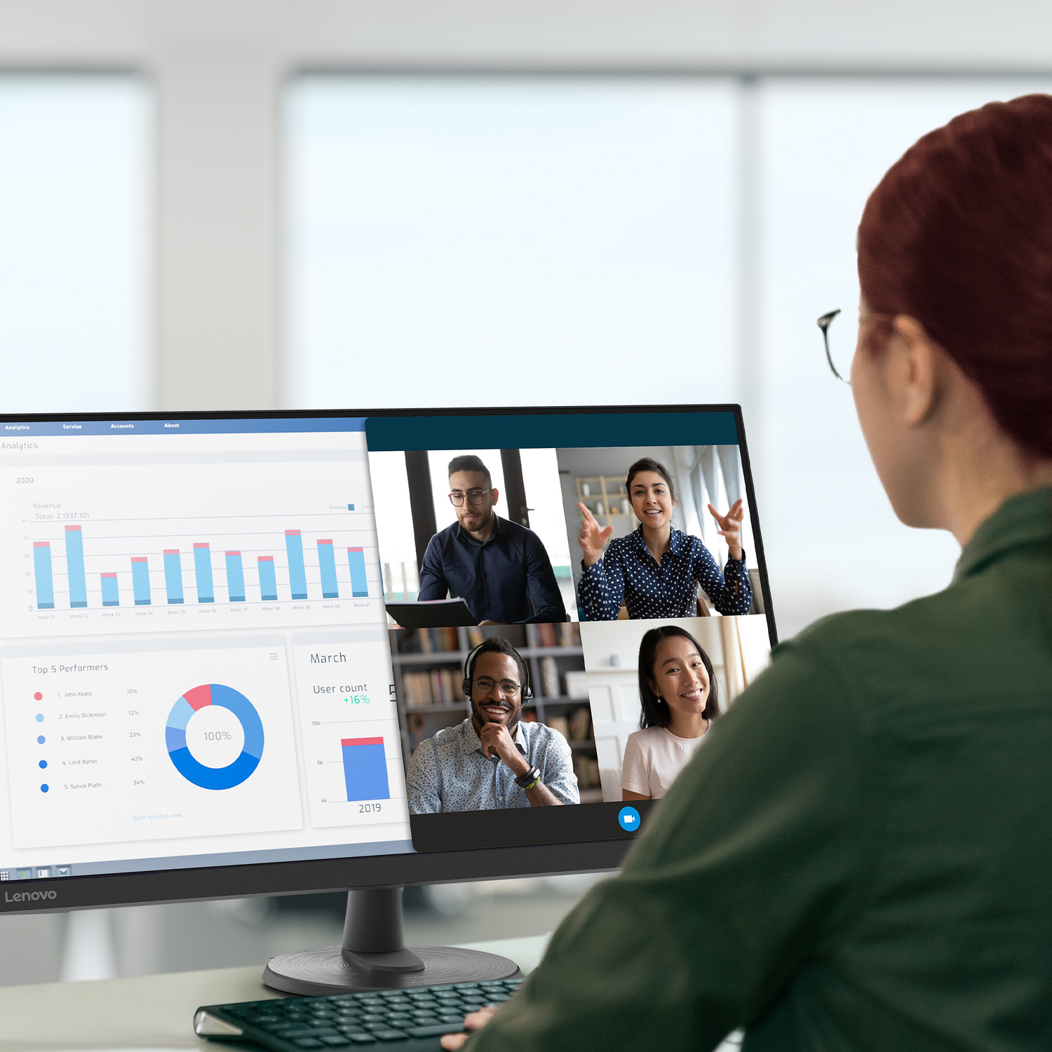 Persona guarda un monitor con videochiamata e dati analitici.