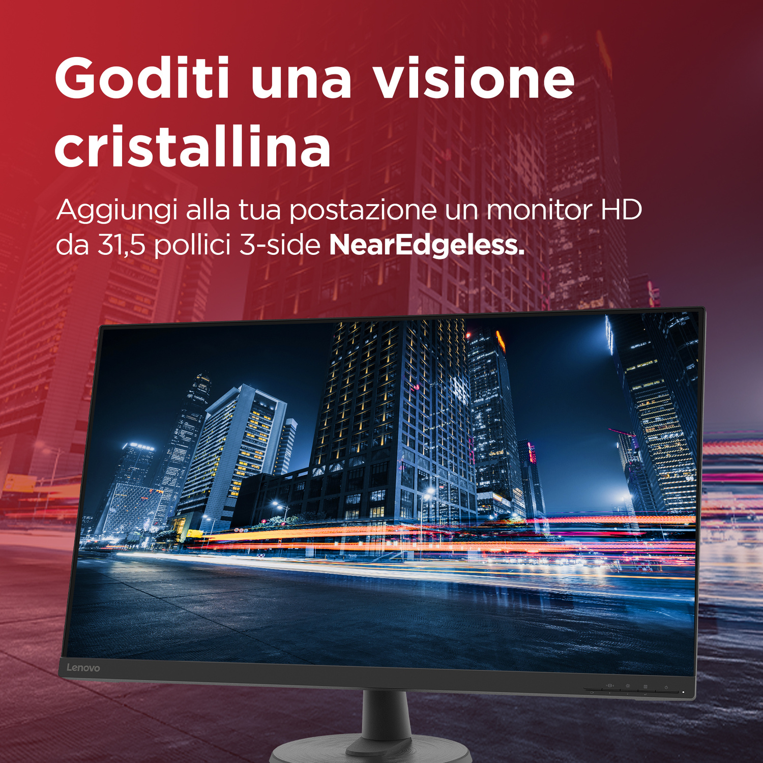 Un monitor mostra una città notturna con scie luminose. Testo sulla visione cristallina.