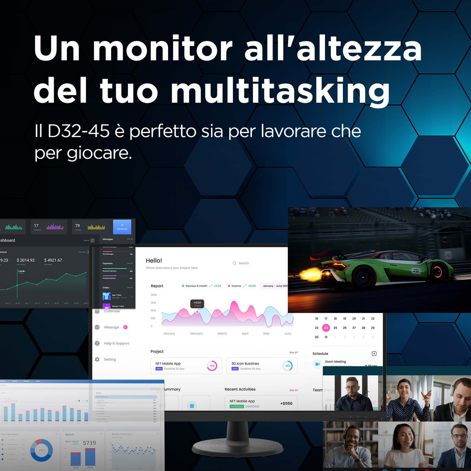 Un monitor mostra un'auto da corsa verde che emette fiamme e vari dashboard con grafici.