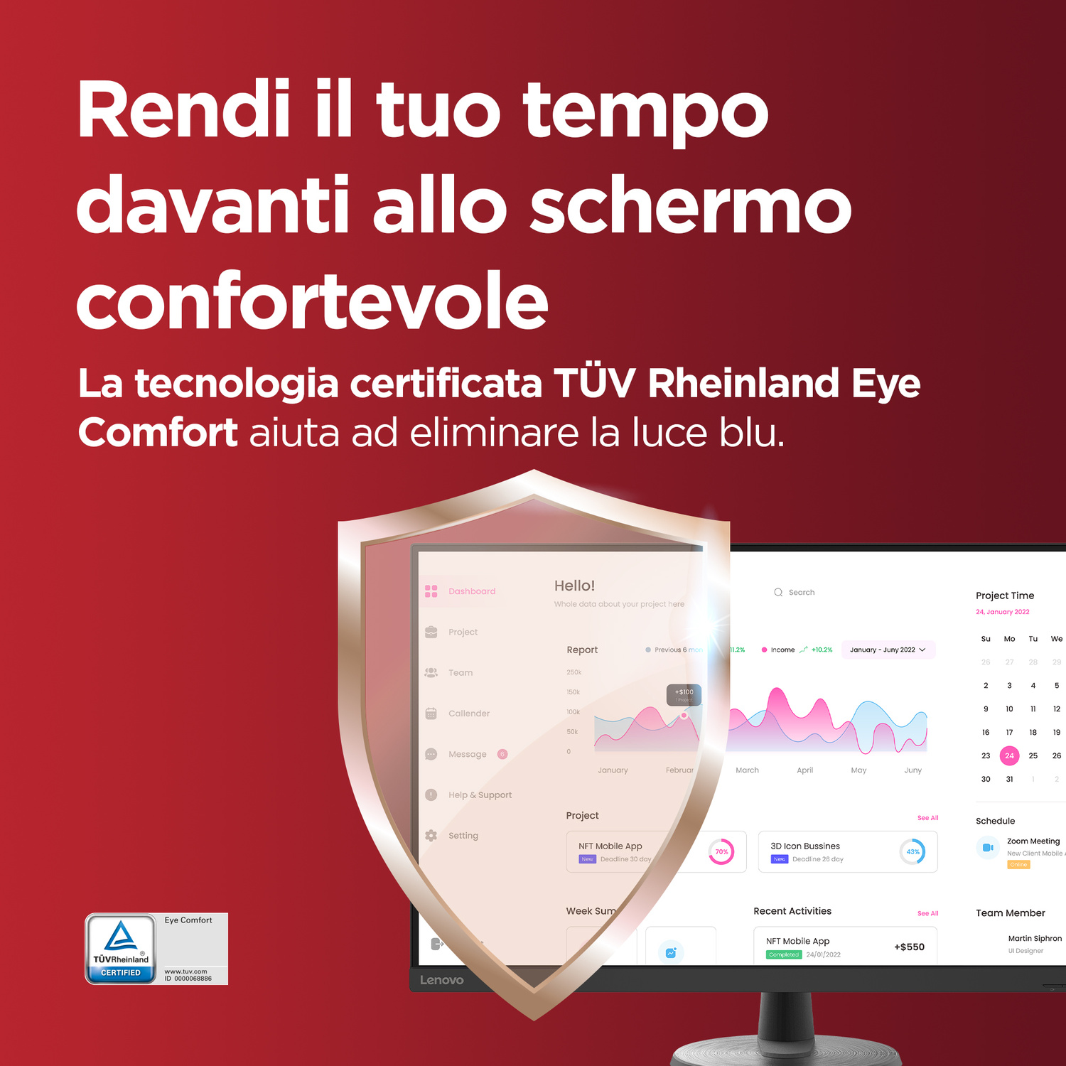 Schermo di un laptop con interfaccia utente, testo e grafici. Certificato TÜV.