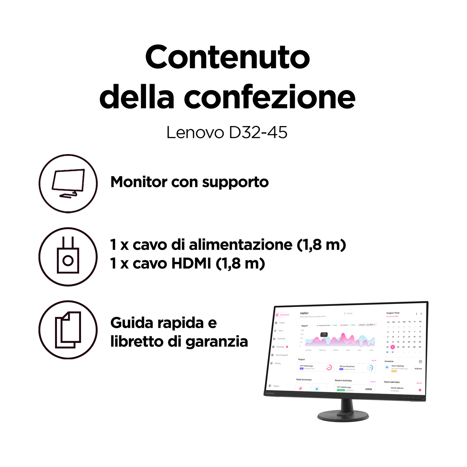 Contenuto della confezione del monitor Lenovo: monitor, cavo alimentazione, cavo HDMI, manuale.