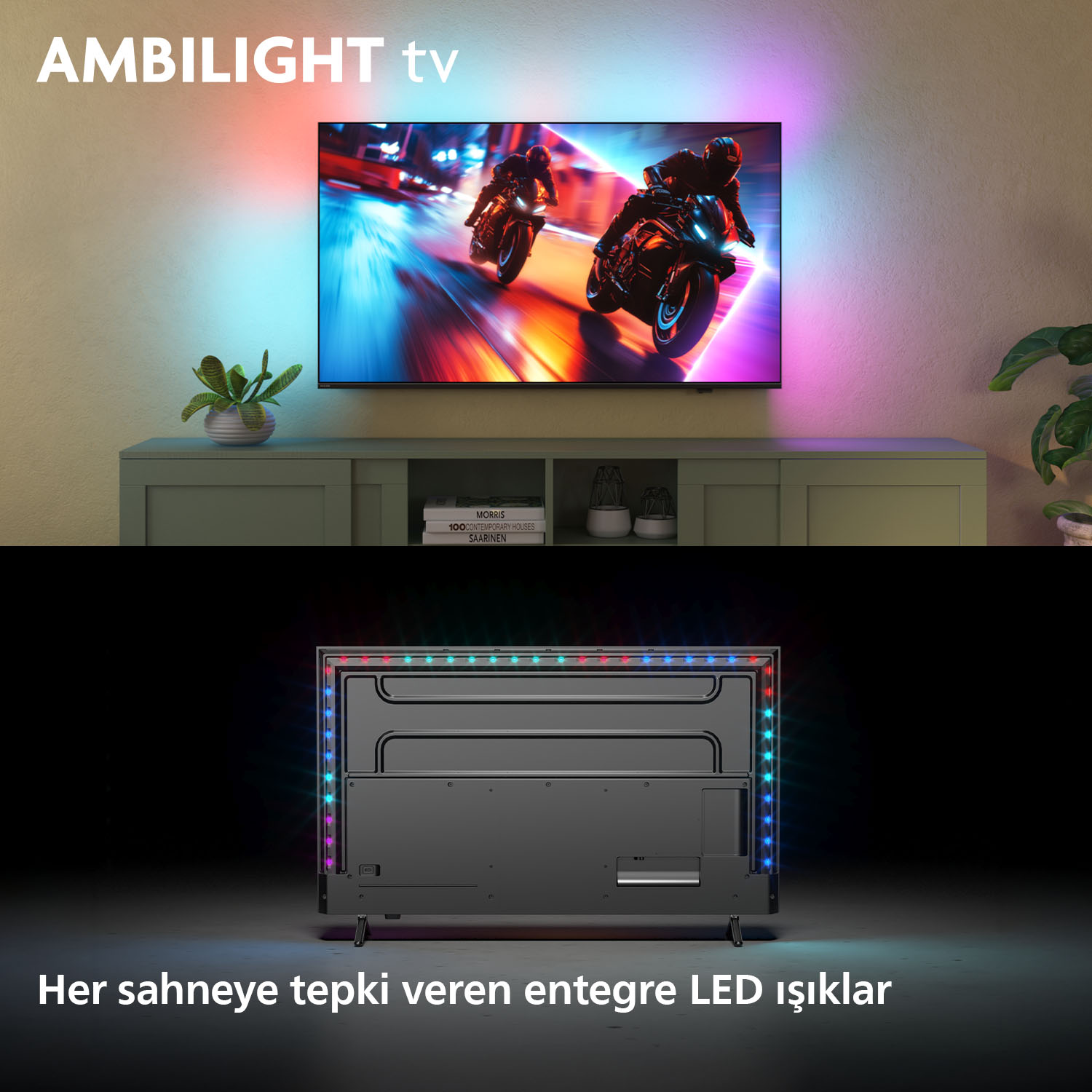 TV'de motosikletliler var. Arkada çeşitli renklerde parlayan LED'ler.