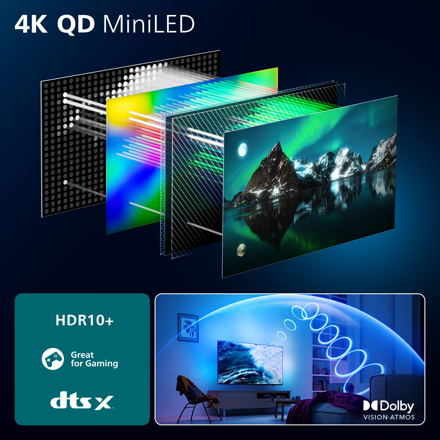 4K QD Mini LED, HDR10+, Oyun, dtsX ve Dolby Vision-Atmos.