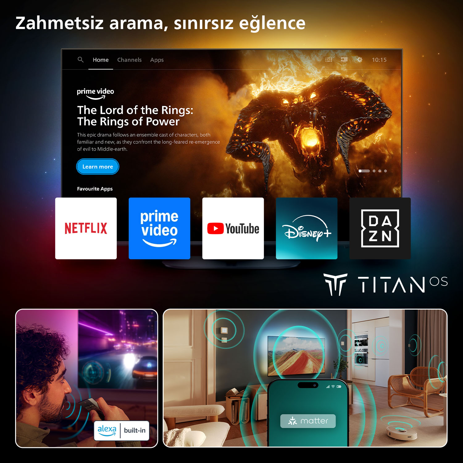 Uygulama ikonları ve film posteri gösteren Smart TV arayüzü. Alt kısım: Kumandalı adam ve akıllı ev sahnesi.