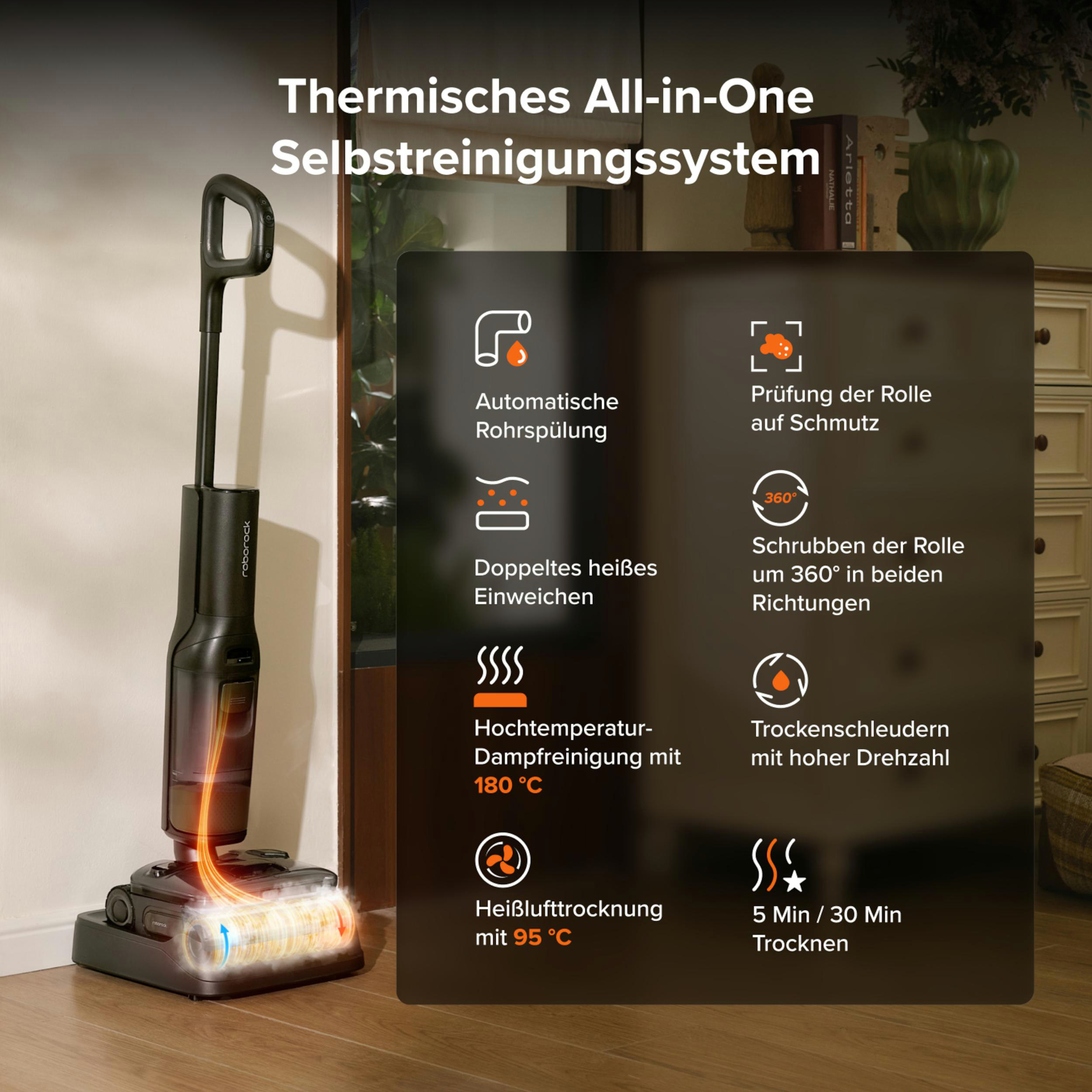 Ein schwarzer Bodenreiniger mit einem Infobereich, der Funktionen wie Selbstreinigung hervorhebt.