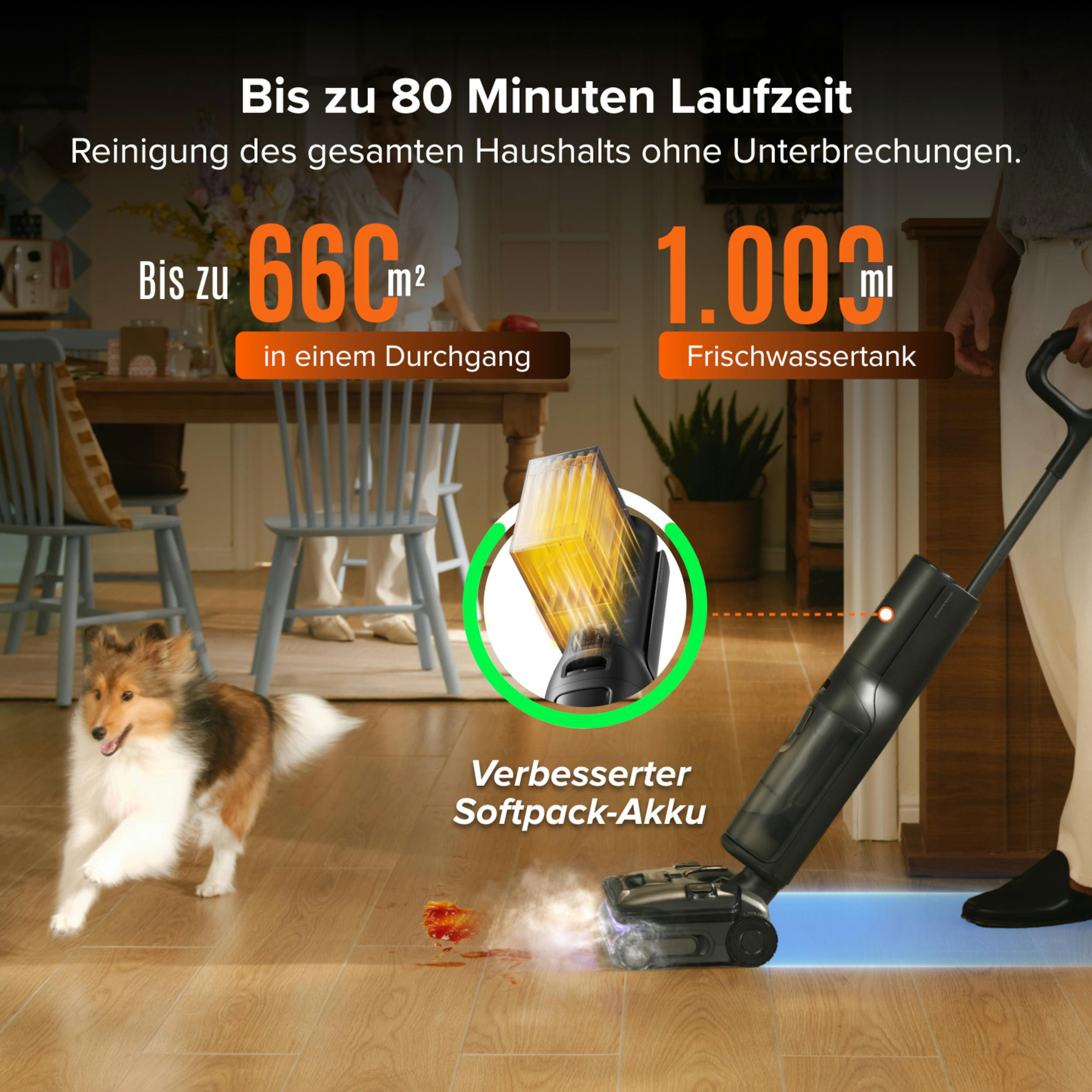 Ein Hund auf einem Holzboden neben einem Staubsauger.