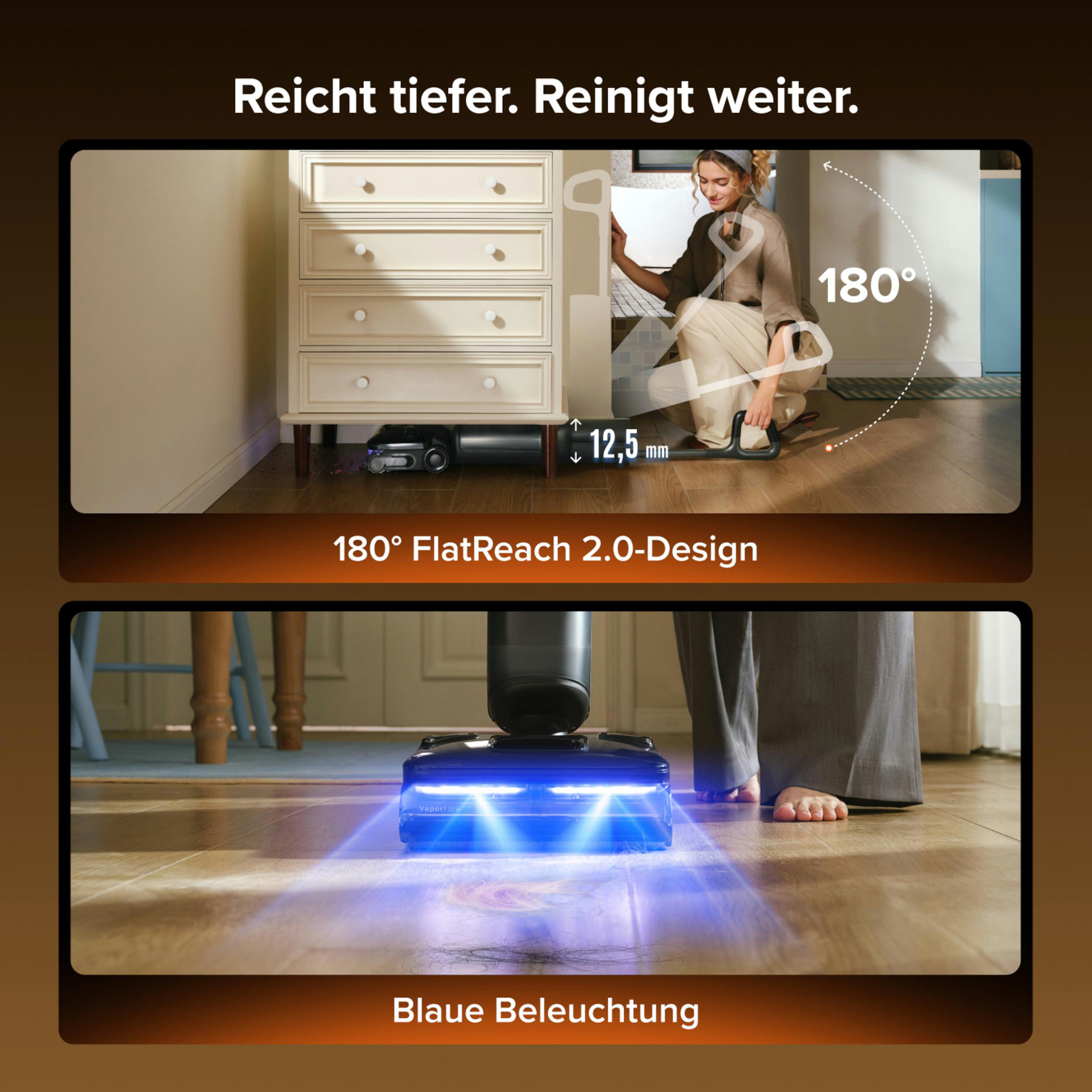 Ein Staubsauger reinigt unter einem Schrank. Blaue Lichter beleuchten den Boden.