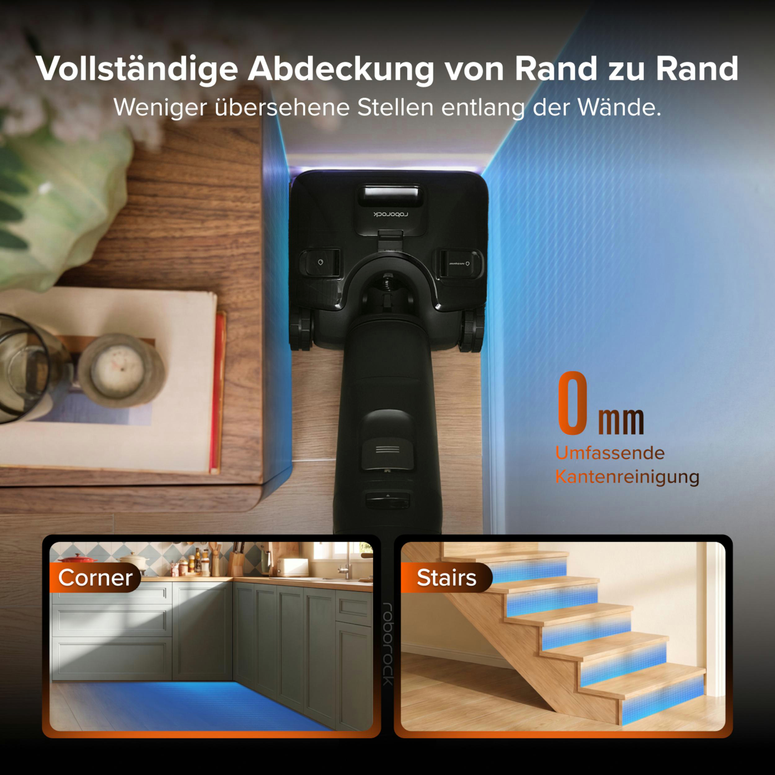 Roboterstaubsauger mit Kantenreinigung in Küche und Treppe.