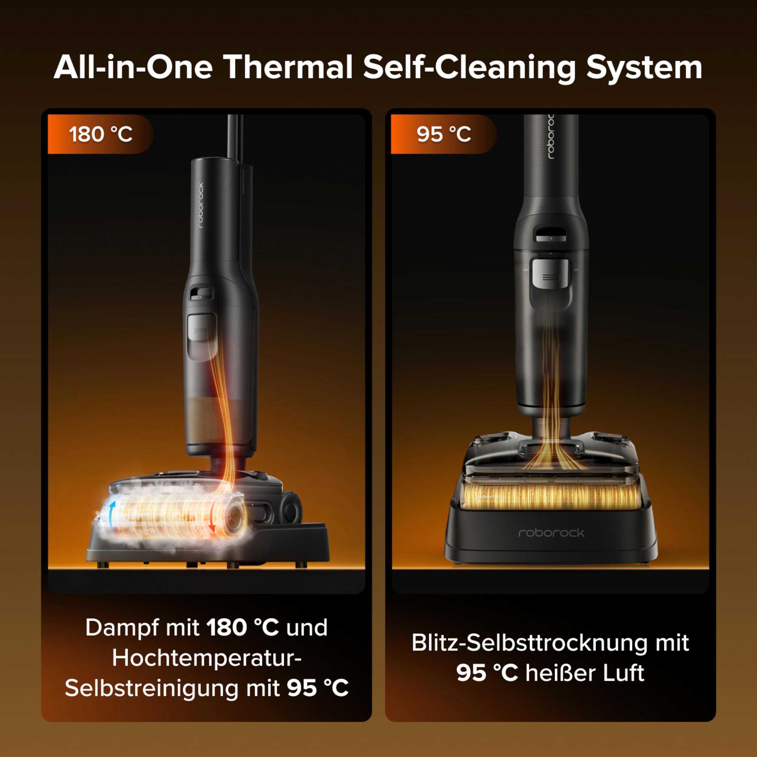 Zwei Roborock Staubsauger im Vergleich: Dampfreinigung bei 180°C und Trocknung bei 95°C.