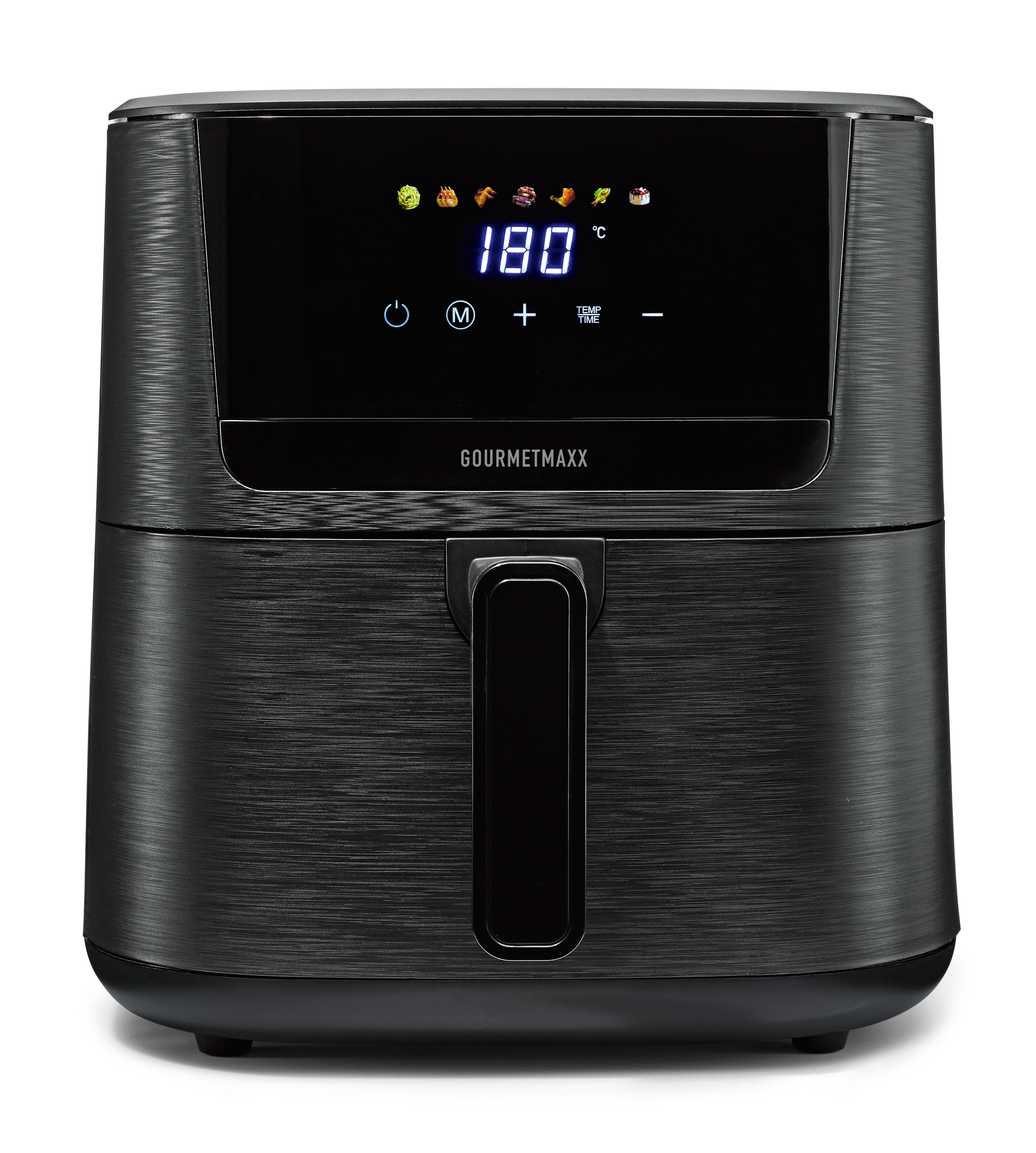 Schwarzer Heißluftfritteusen mit digitalem Display, das 180°C anzeigt.