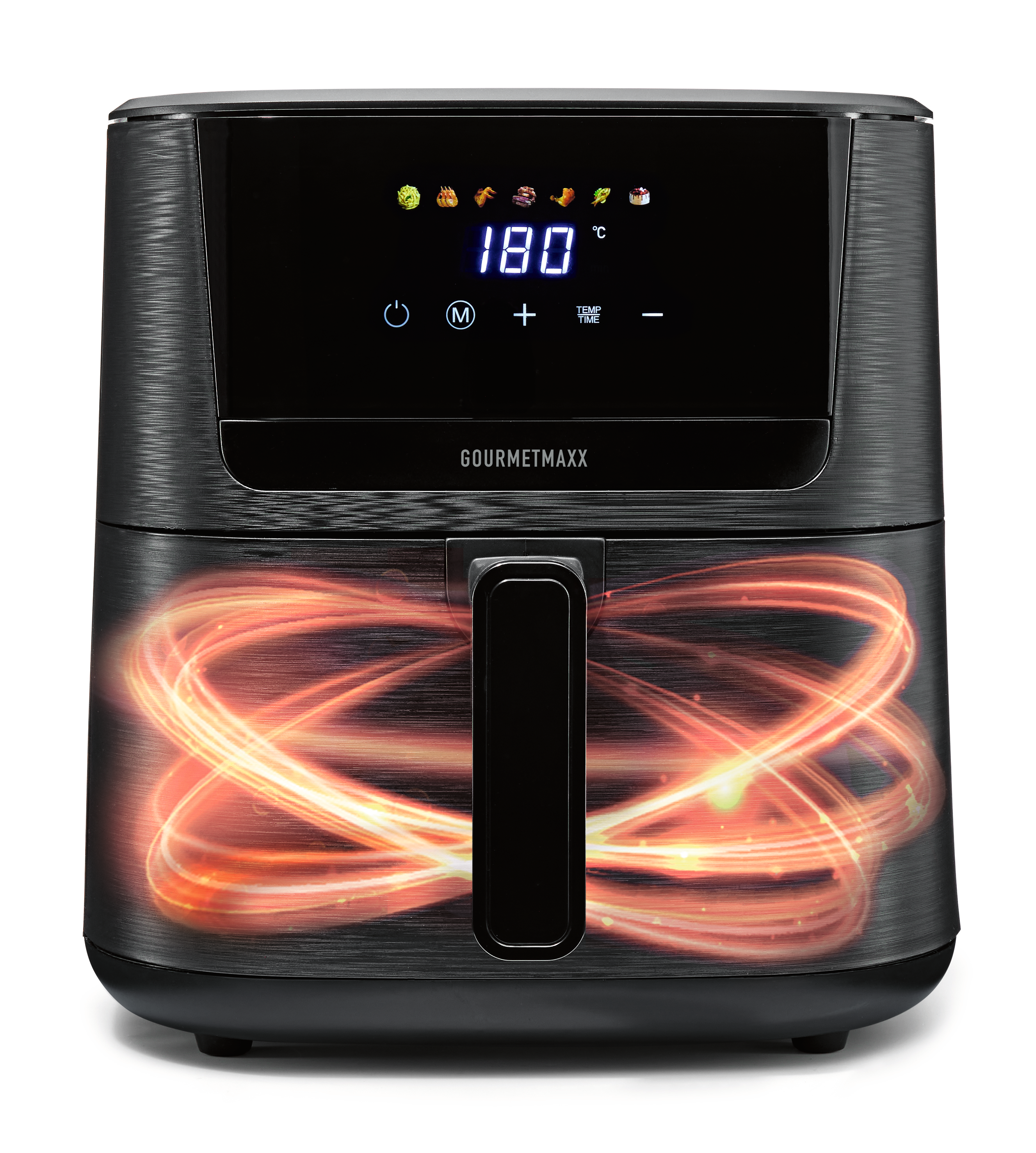 Schwarzer Heißluftfritteusen mit digitaler Anzeige von 180°C und leuchtenden Wirbeln.