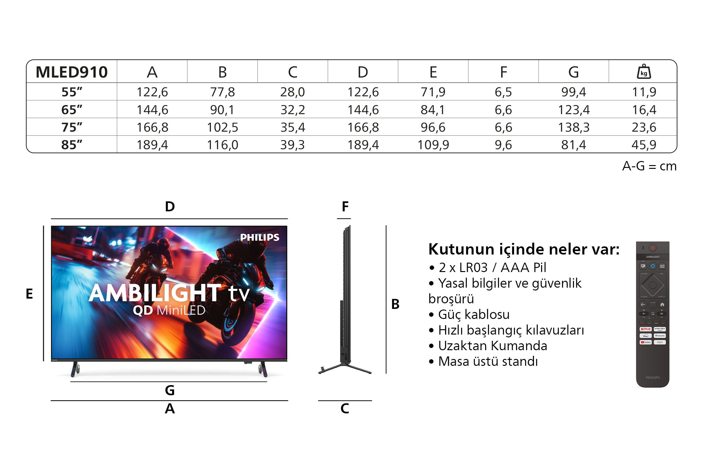 Philips Ambilight QD MiniLED TV'nin teknik özellikleri ve boyutları.