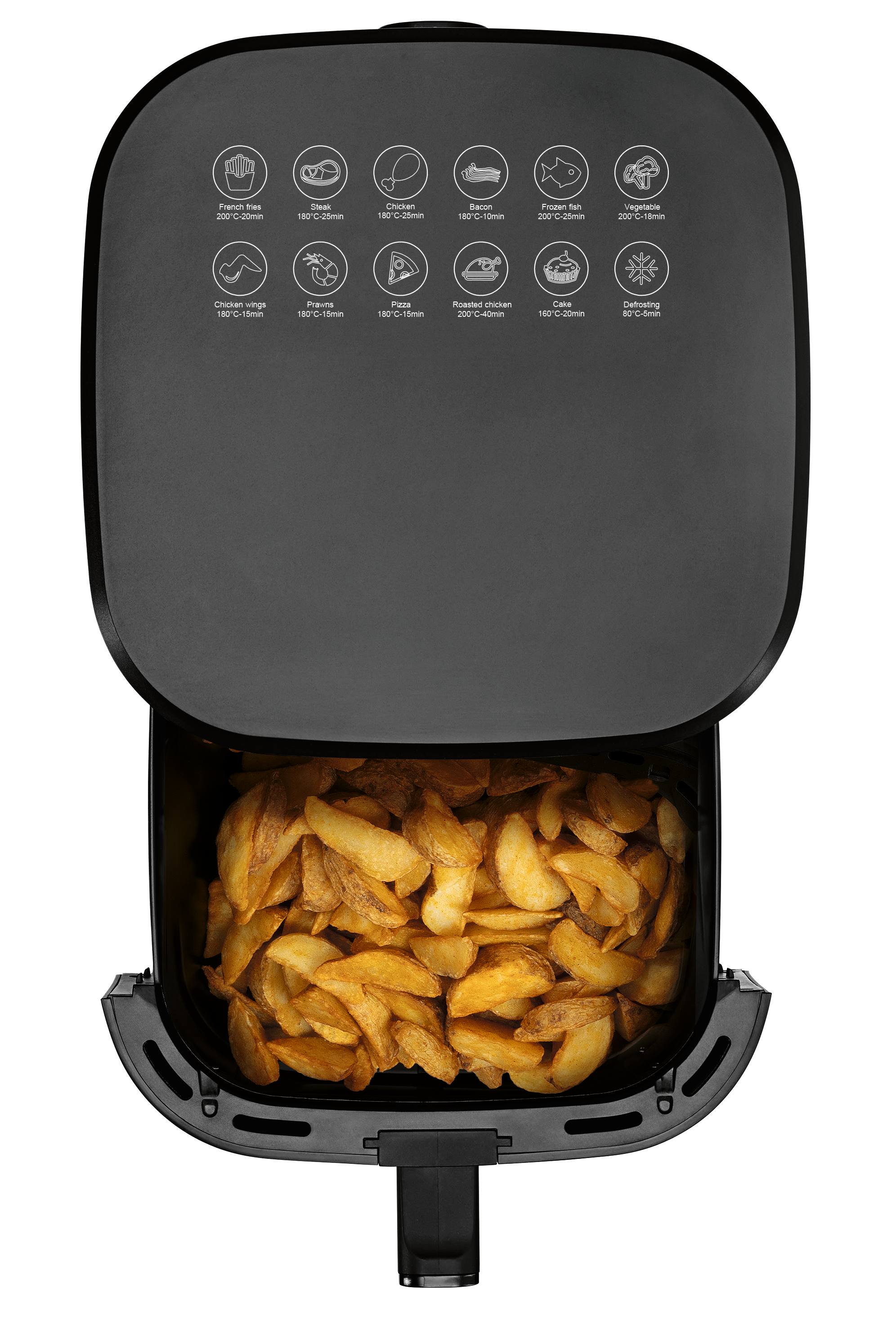Ein schwarzer Airfryer mit Deckel offen, gefüllt mit goldbraunen Kartoffelspalten.