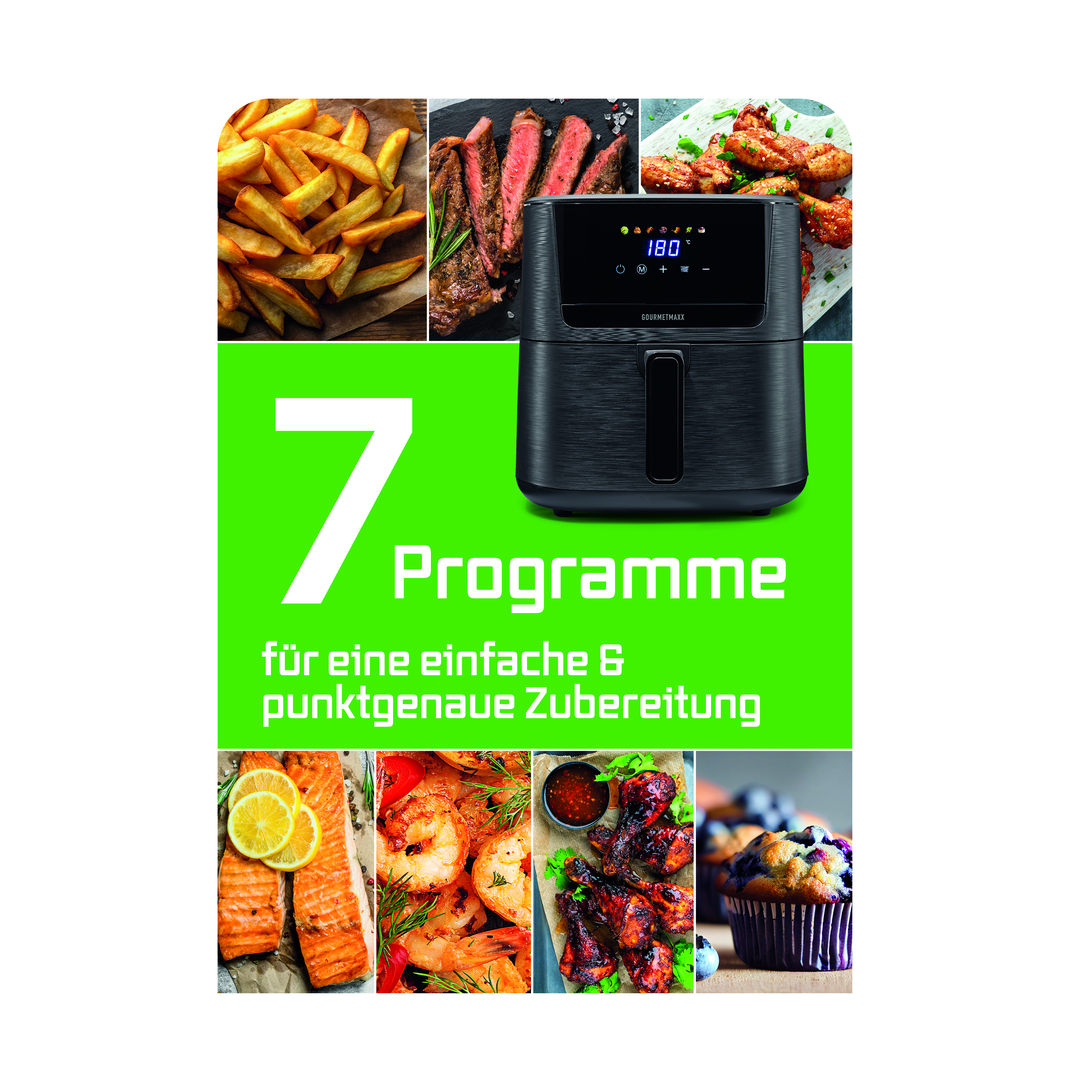 Ein schwarzer Heißluftfritteusen-Prospekt mit Bildern von Pommes, Steak, Hähnchen, Fisch und Muffins.