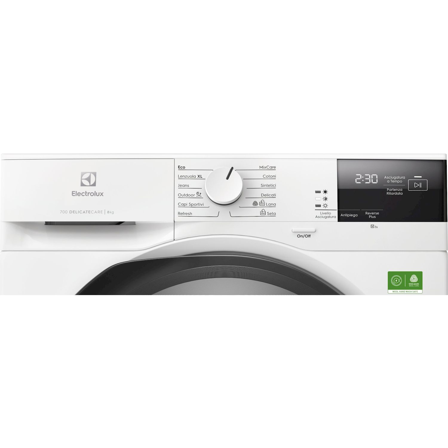 Una lavatrice Electrolux bianca con pannello di controllo e display.