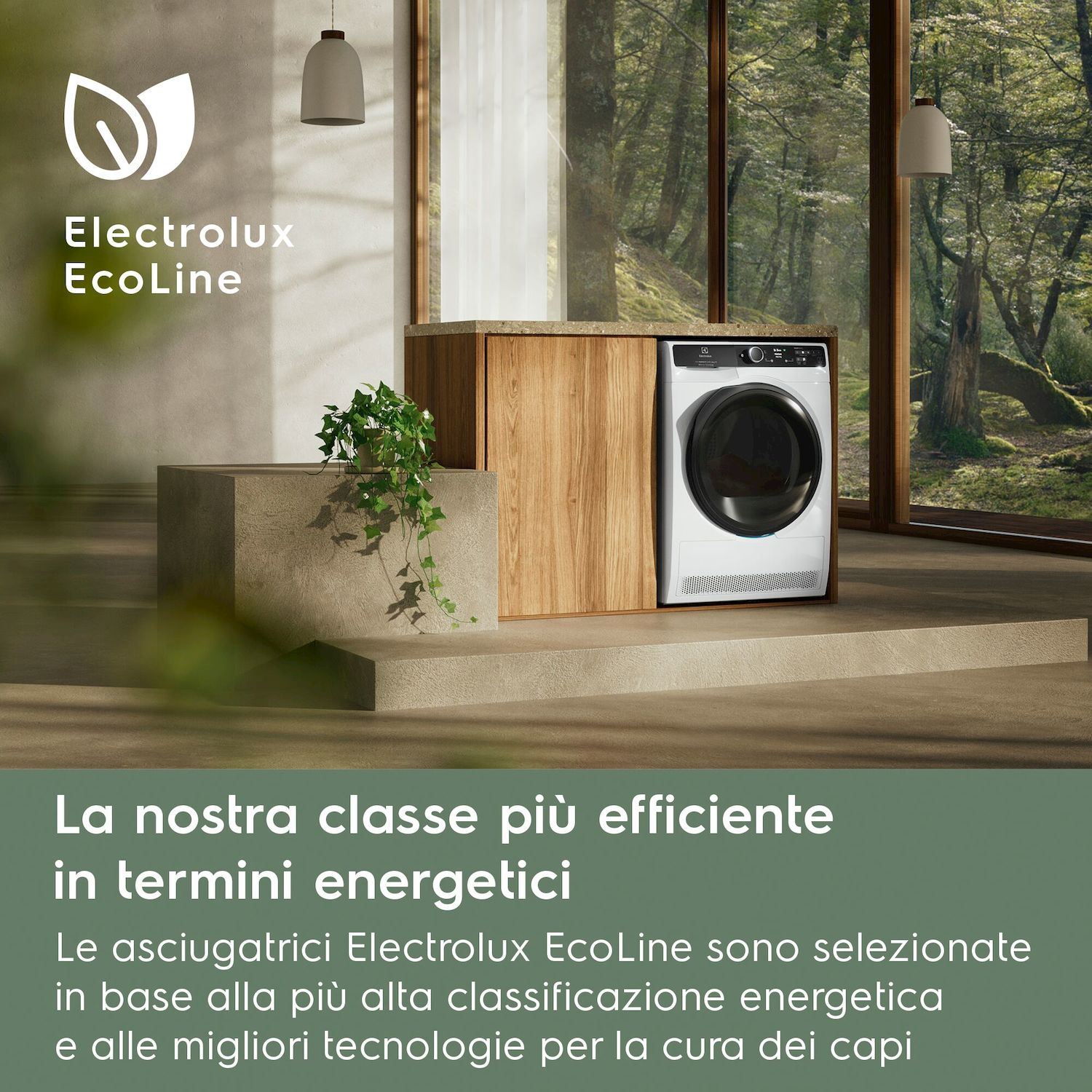 Una lavatrice Electrolux EcoLine bianca è accanto ad armadi in legno.
