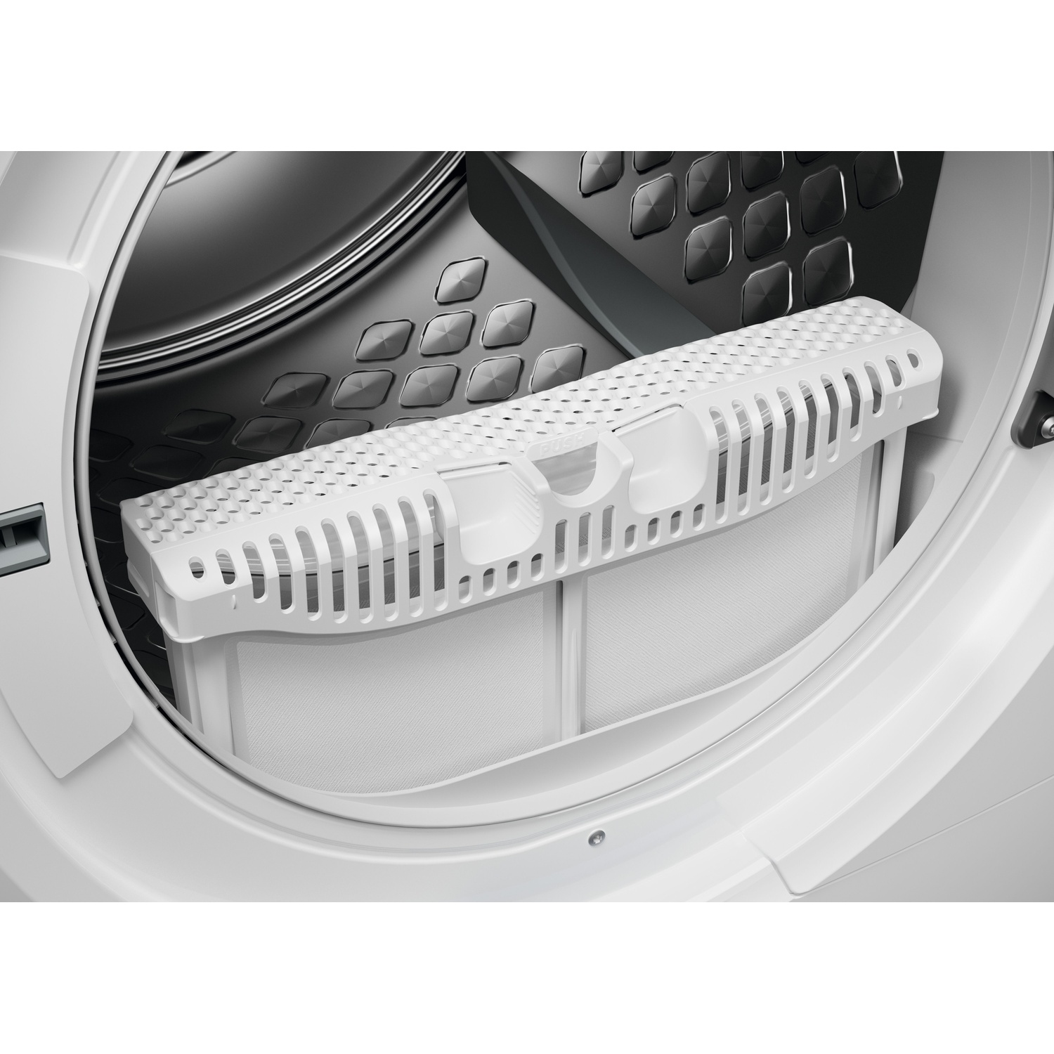 Un filtro lanugine bianco per asciugatrice con tessuto a rete fine all'interno.