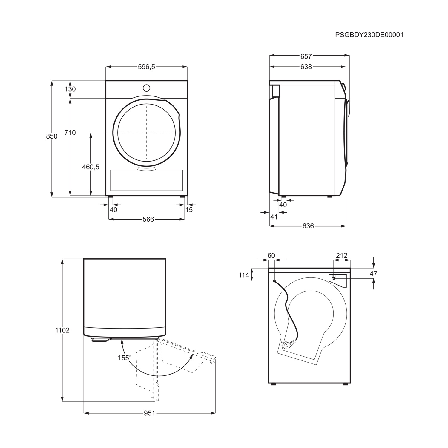 Disegno tecnico di una lavatrice con dimensioni.