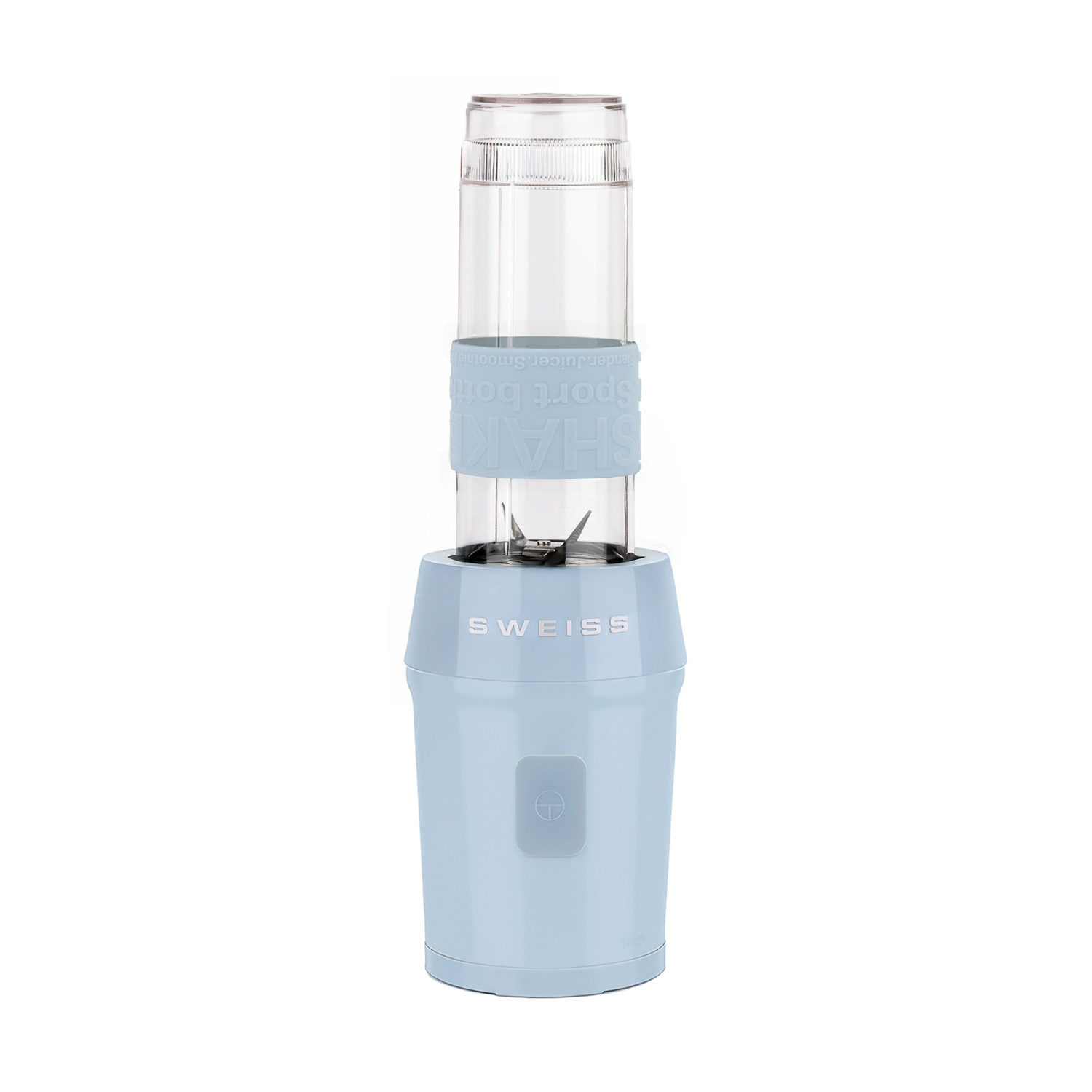 Un frullatore portatile azzurro con contenitore trasparente e lame argentate.
