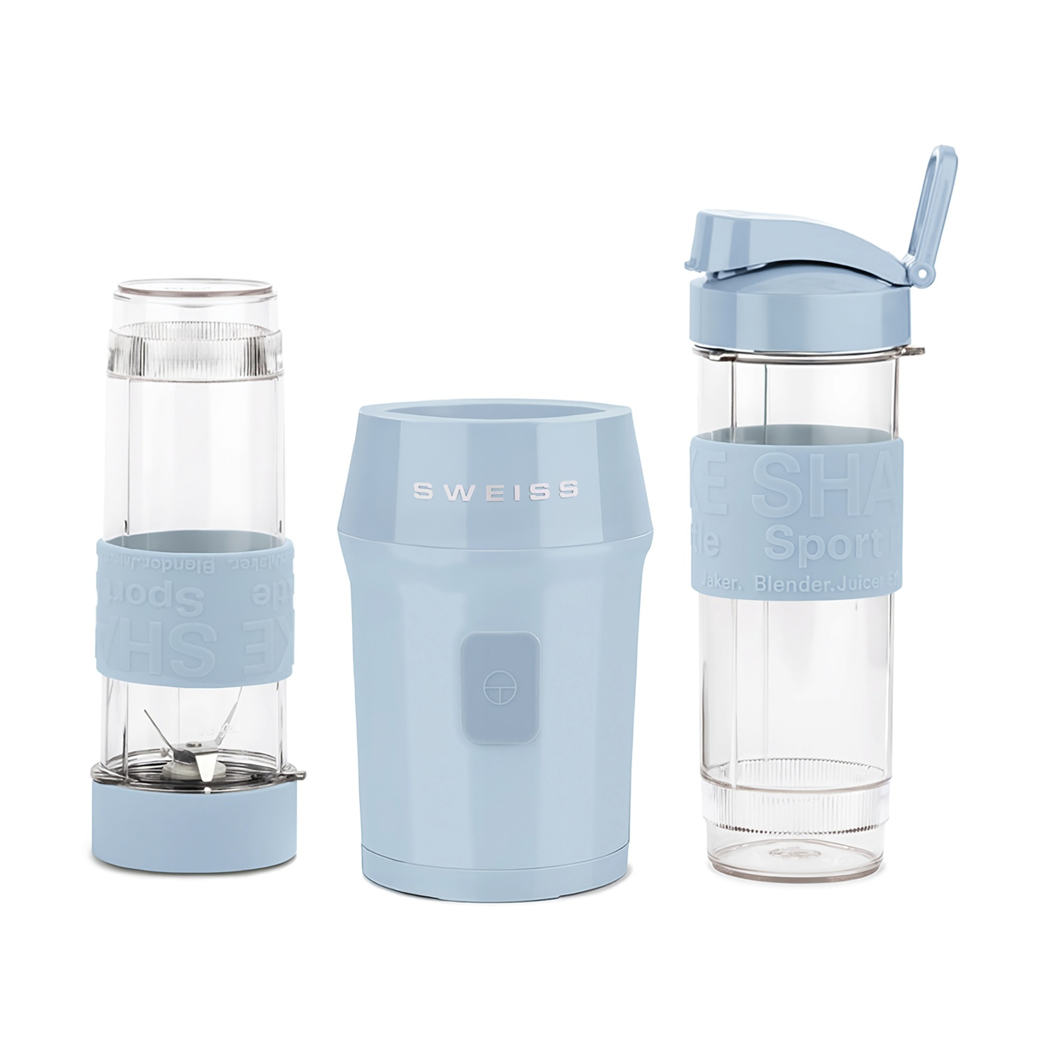 Tre accessori per frullatore azzurri e un mixer su sfondo bianco.