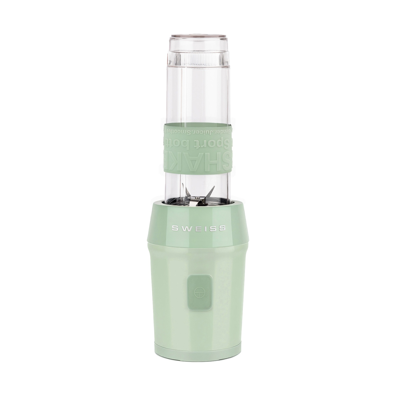 Un frullatore portatile verde chiaro con contenitore trasparente e lame argentate.