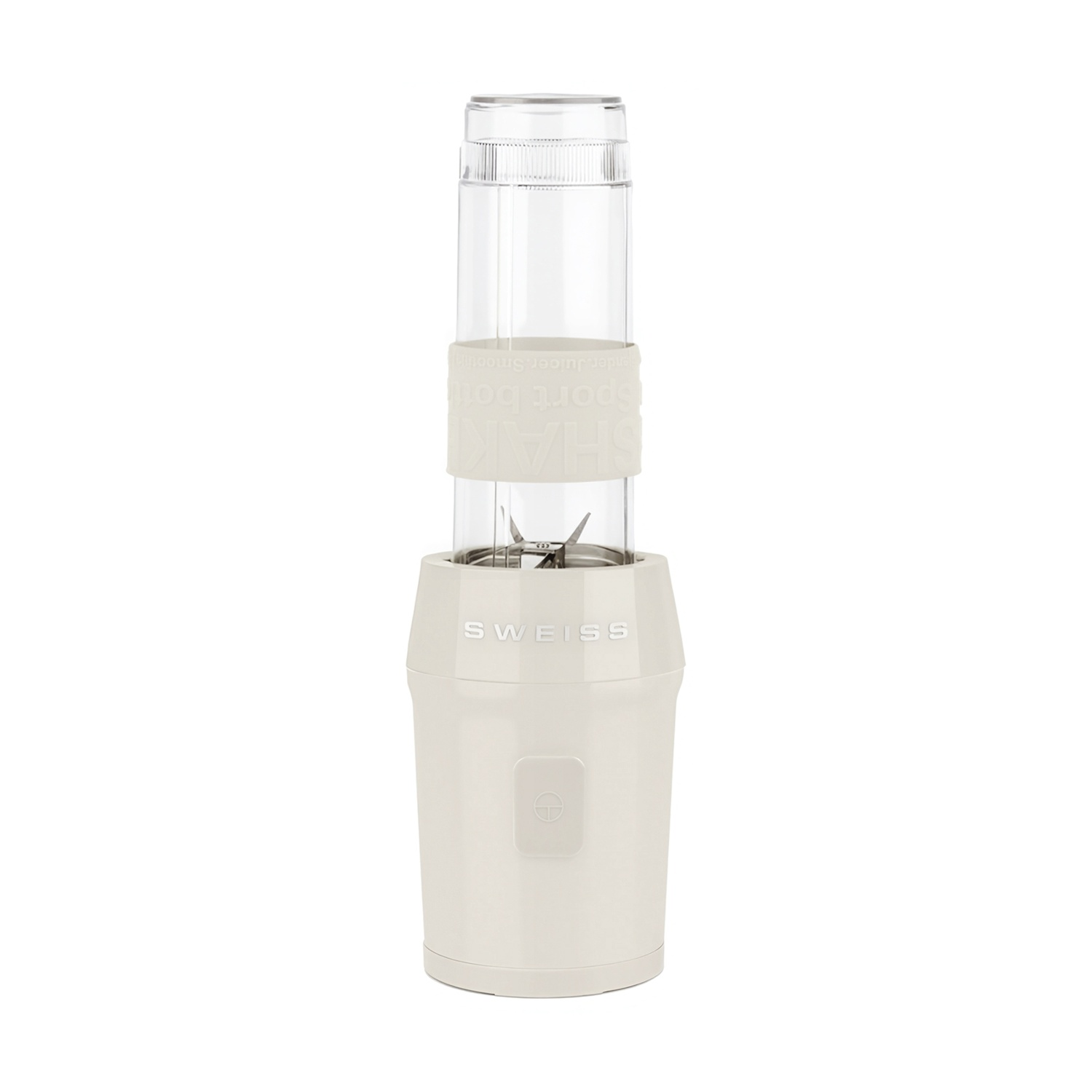 Un frullatore bianco portatile con bottiglia trasparente e lame argentate.