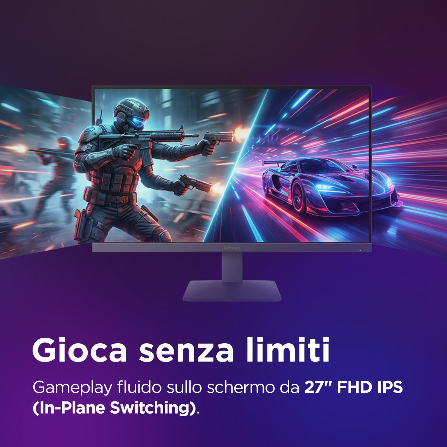Un monitor mostra un gioco con soldati e un'auto da corsa. Testo sotto.