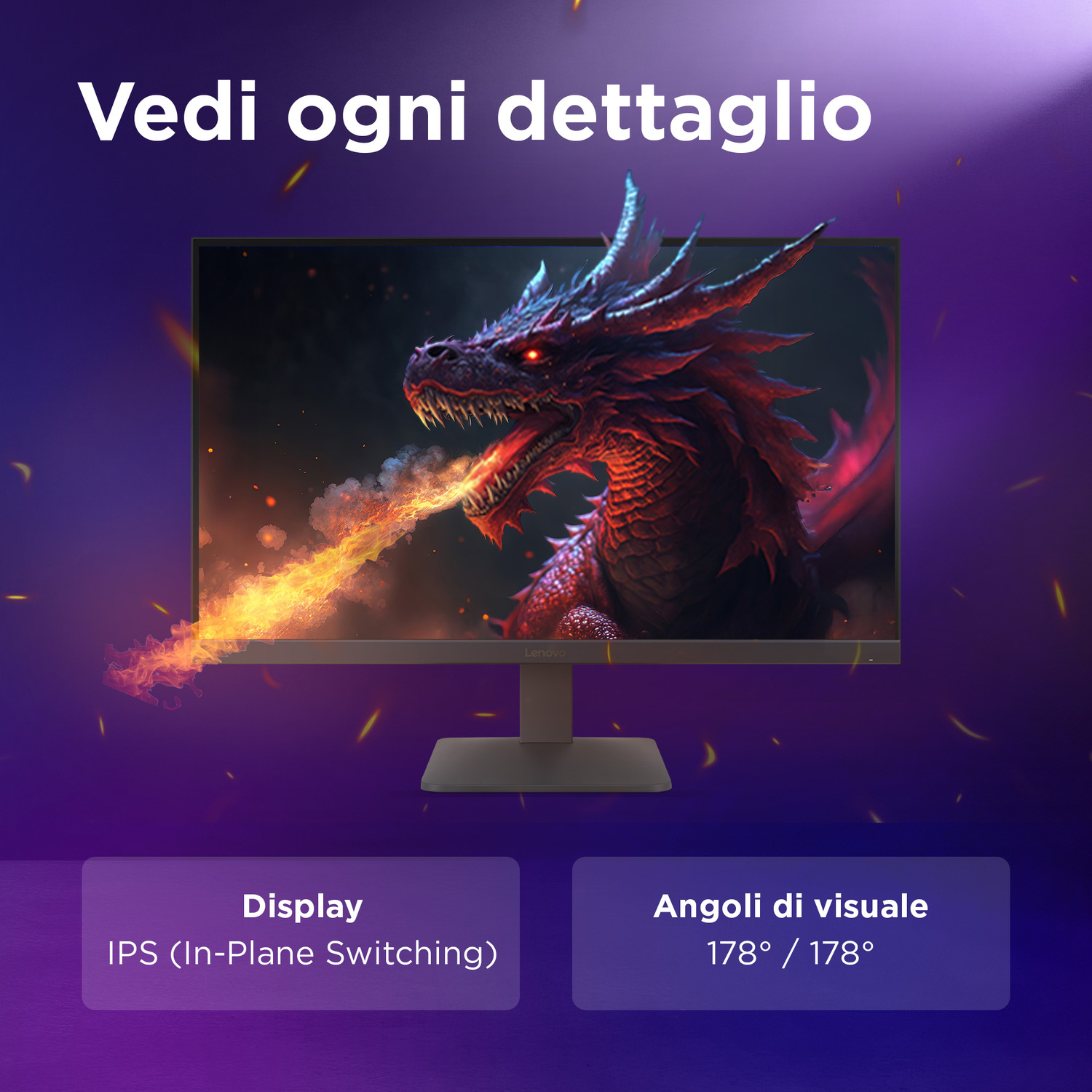 Un monitor mostra un drago rosso che sputa fuoco. Indicati IPS e angoli di visione 178°.