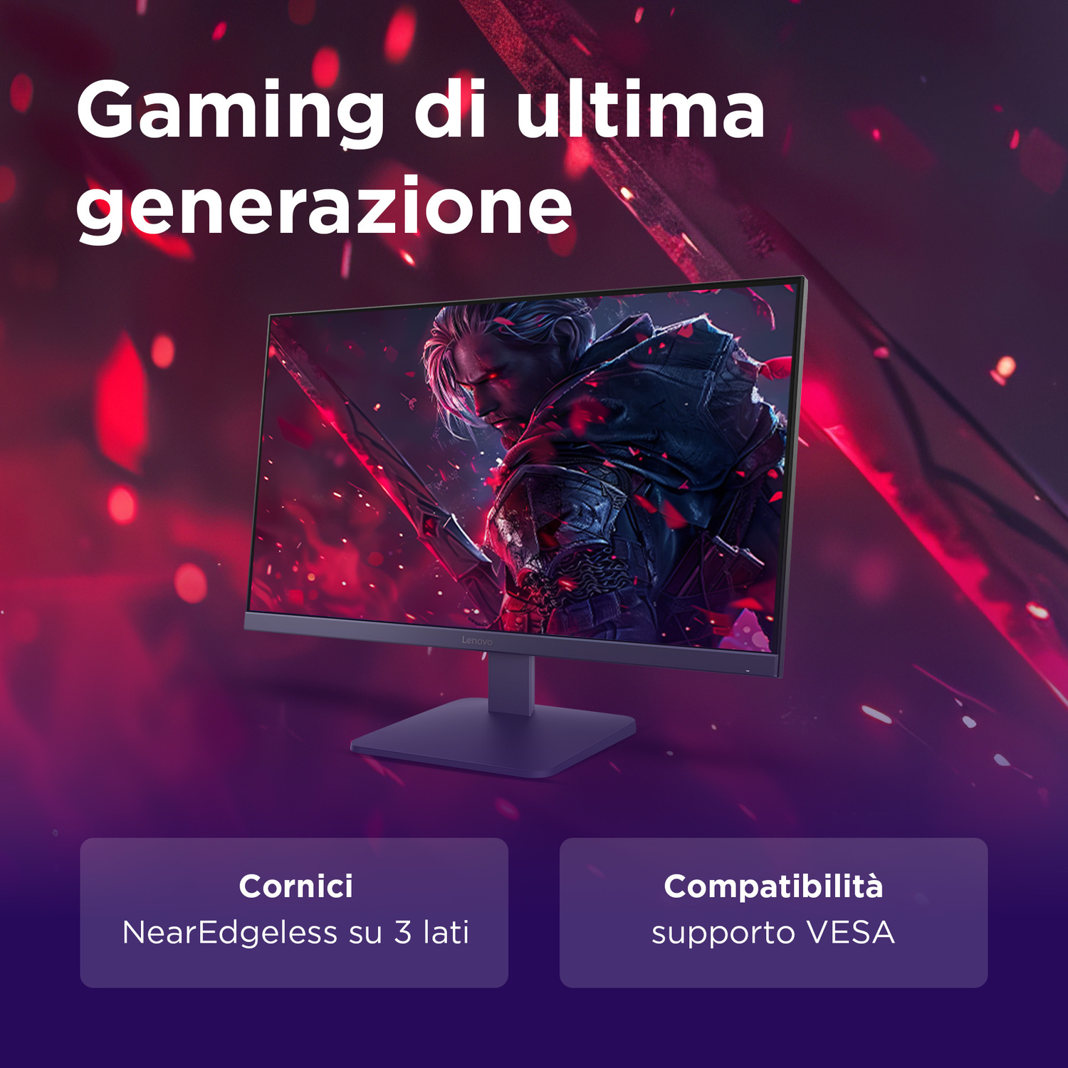 Monitor gaming con guerriero sullo schermo, sfondo viola.