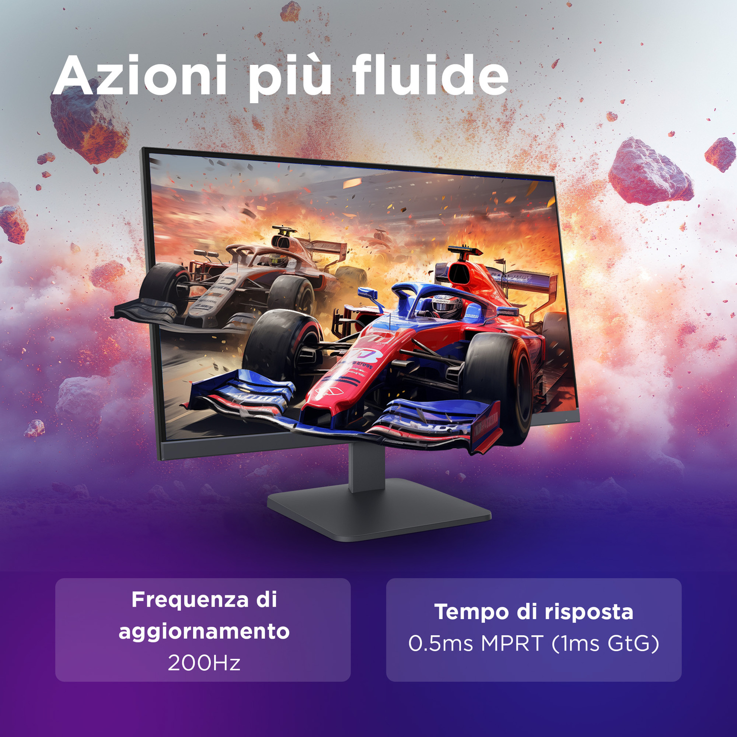 Un monitor mostra una gara di F1. Sopra c'è scritto "Azioni più fluide".