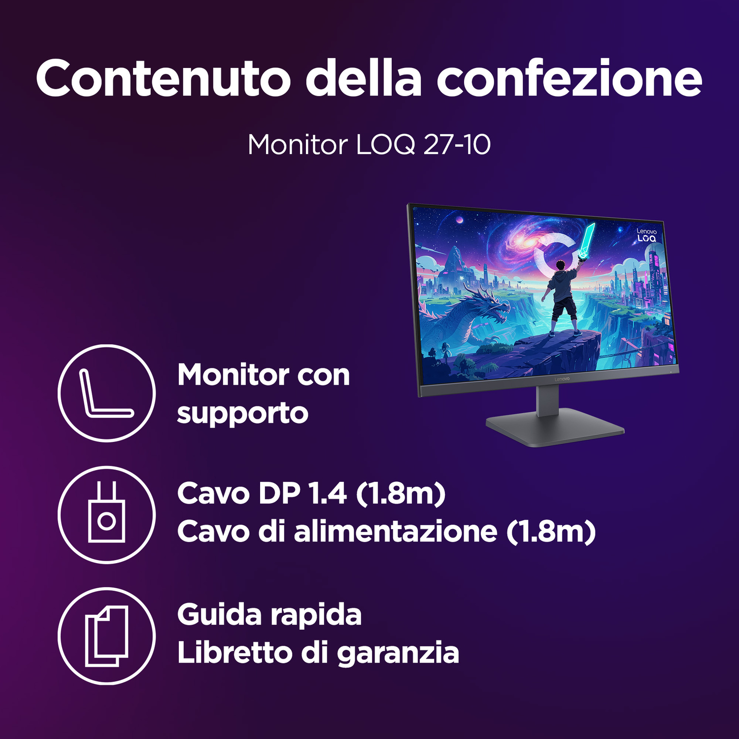 Monitor LOQ 27-10 con supporto, cavi e manuale.