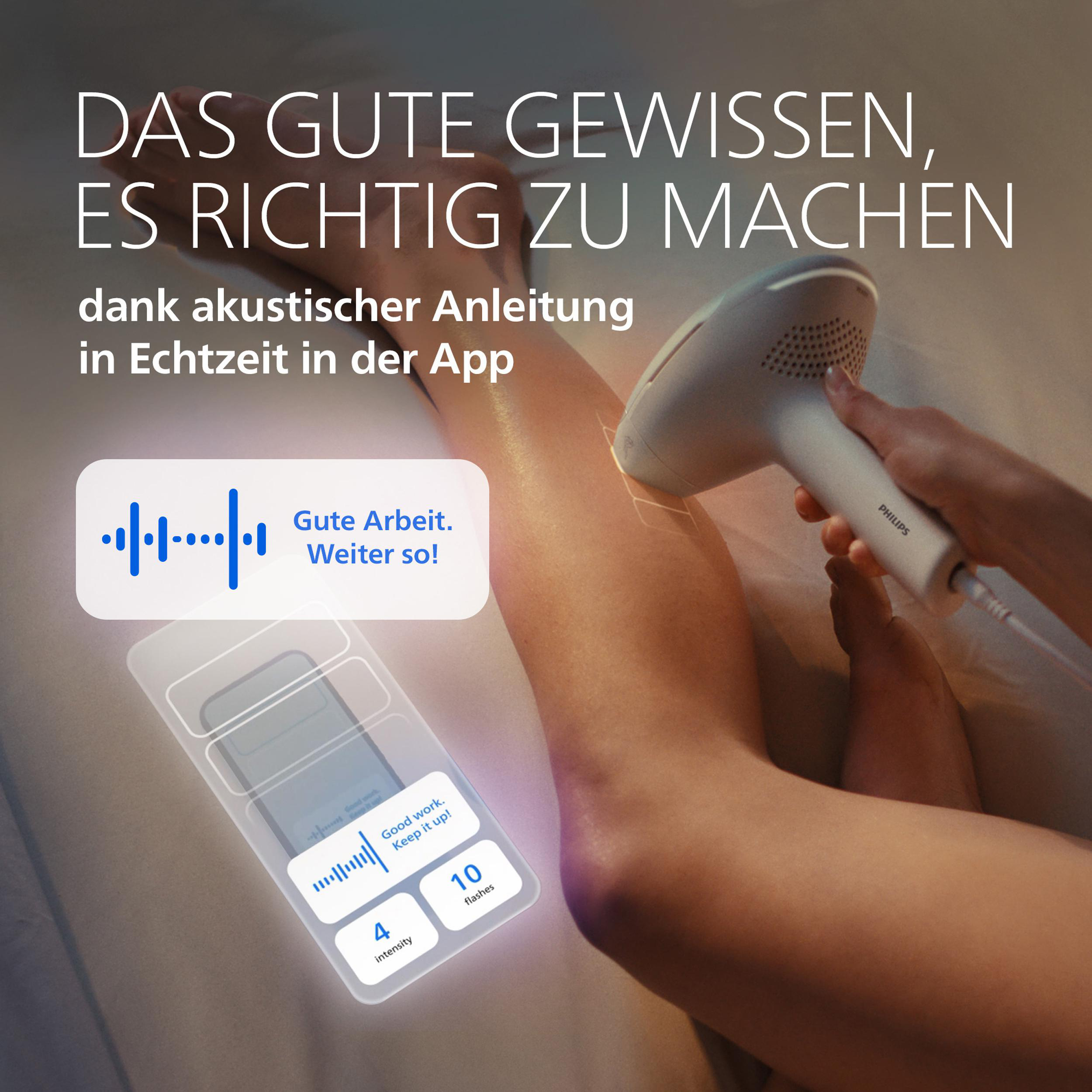 Ein Philips Haarentferner wird am Bein einer Frau angewendet, mit App-Anleitung.