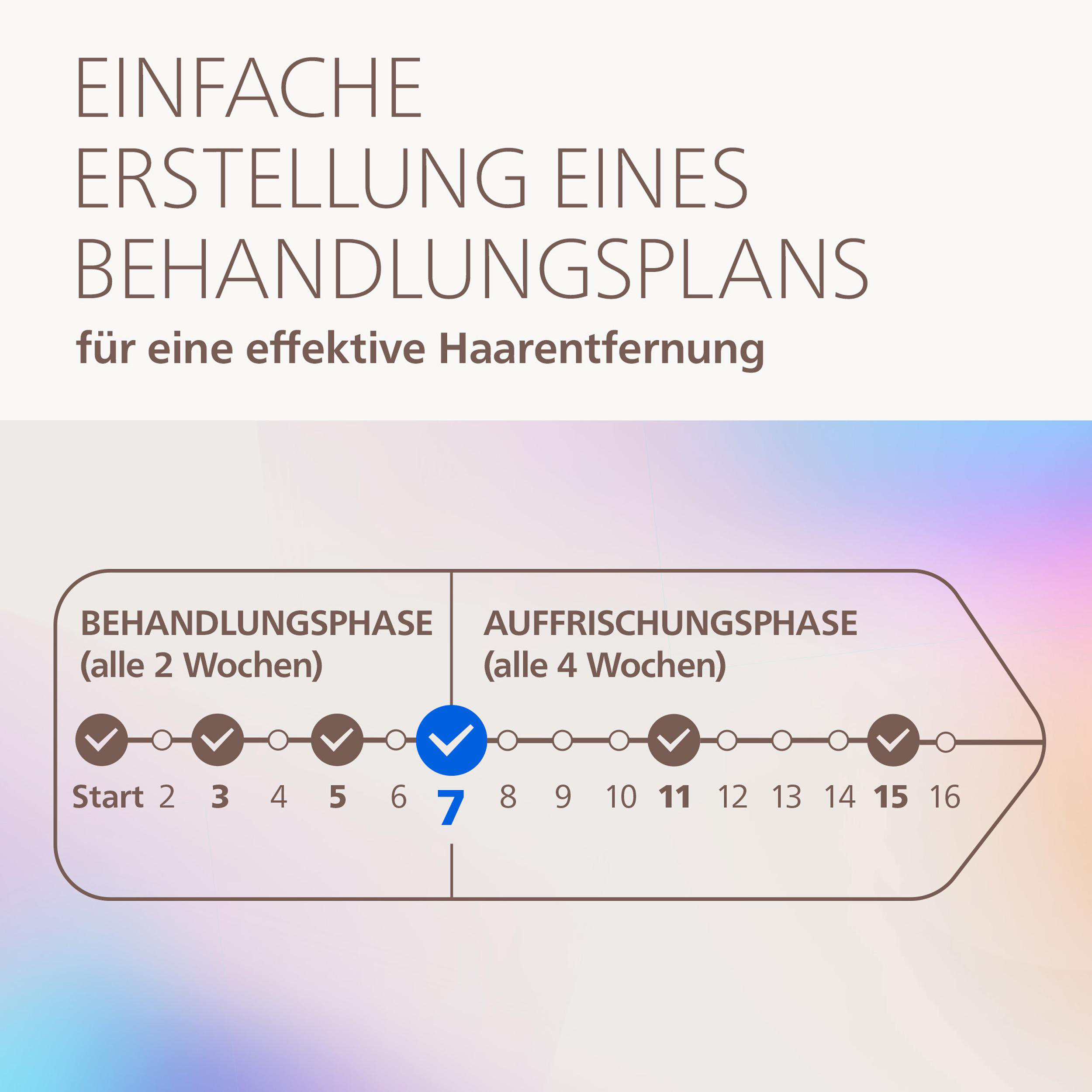 Ein Haarentfernungsplan mit Phasen: 'Behandlungsphase' (alle 2 Wochen) und 'Auffrischungsphase' (alle 4 Wochen).