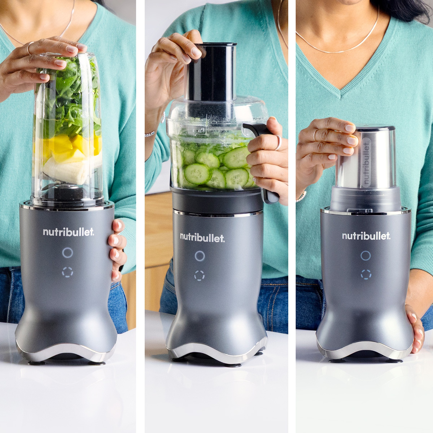 Frullatore Nutribullet grigio con ingredienti: frullato, fette di cetriolo, bicchiere piccolo.