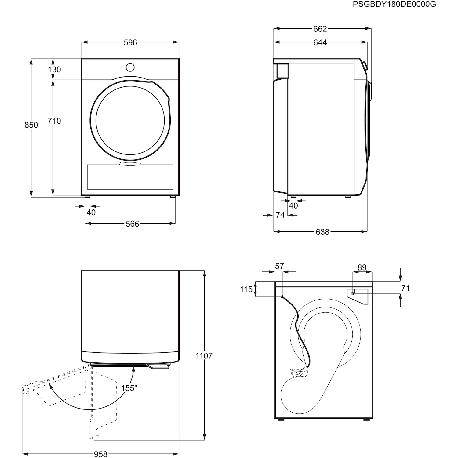 Disegno tecnico di un'asciugatrice con dimensioni in mm.