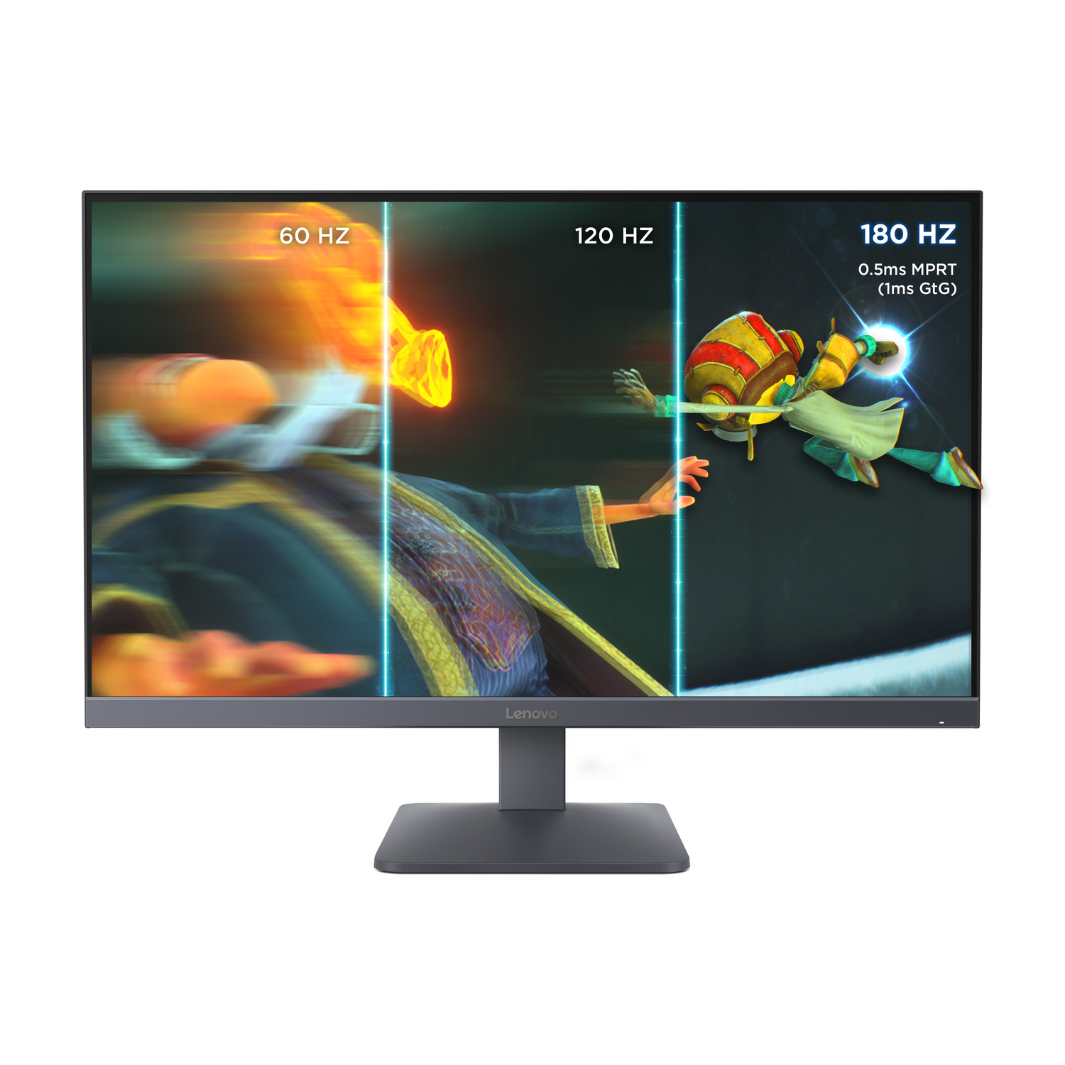 Un monitor visualizza un gioco a 60 Hz, 120 Hz e 180 Hz.