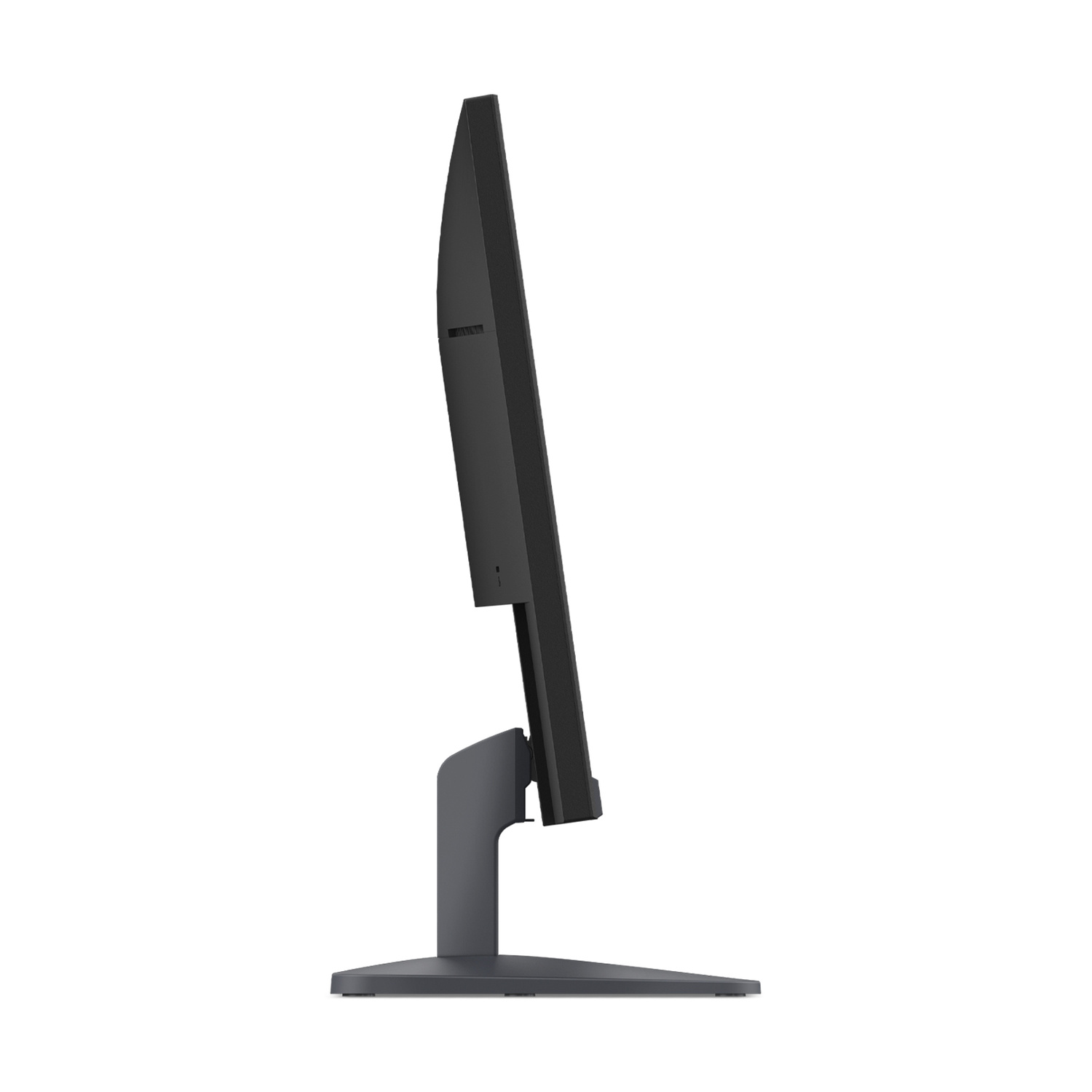 Un monitor di computer nero su un supporto grigio, visto di lato.