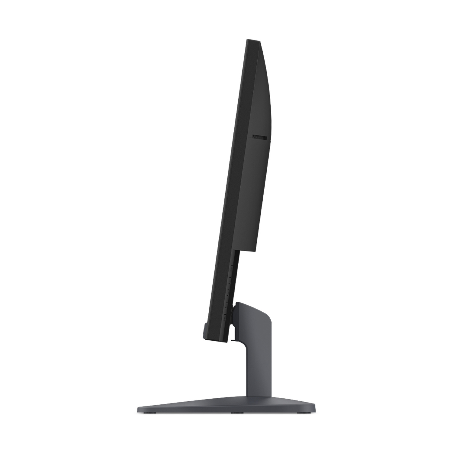 Un monitor di computer nero con supporto grigio, mostrato di lato.