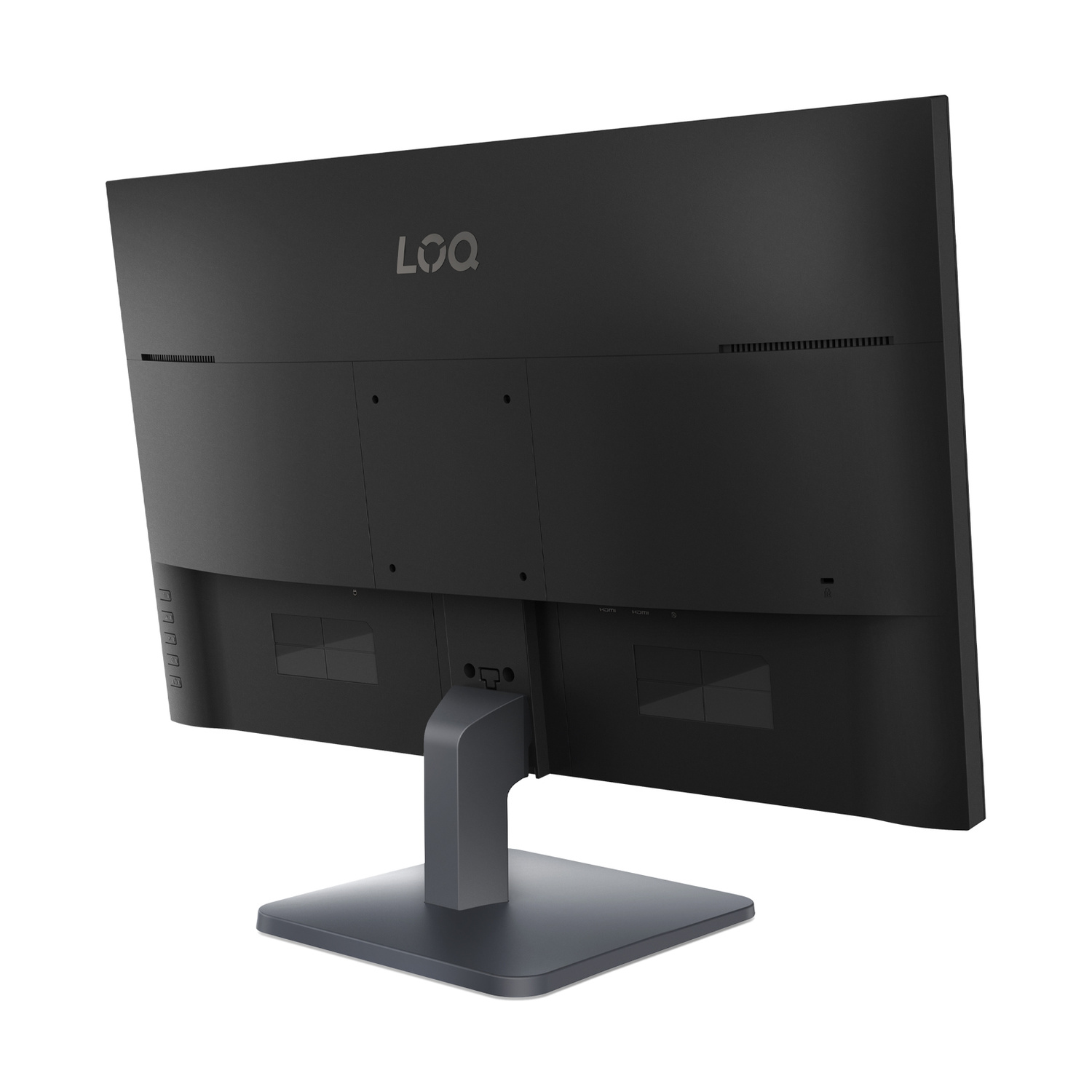Vista posteriore di un monitor nero con logo LOQ e porte.