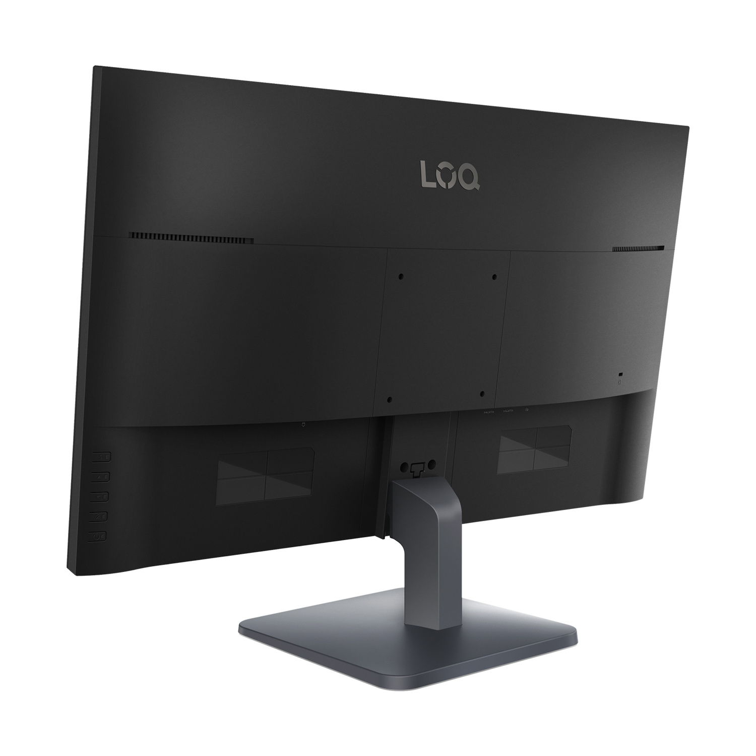 Vista posteriore di un monitor nero con logo LQQ e porte.