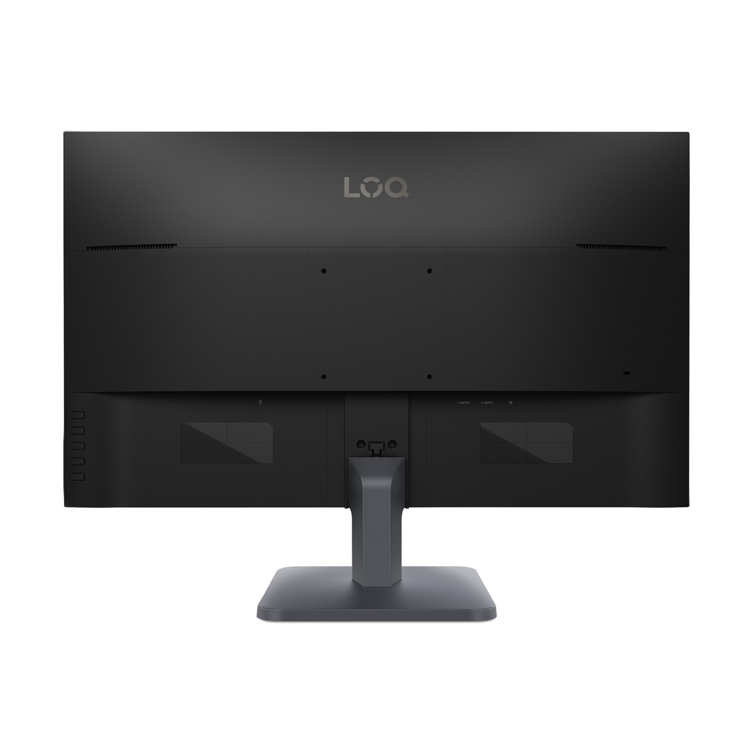 Retro di un monitor nero con logo LOQ e porte.
