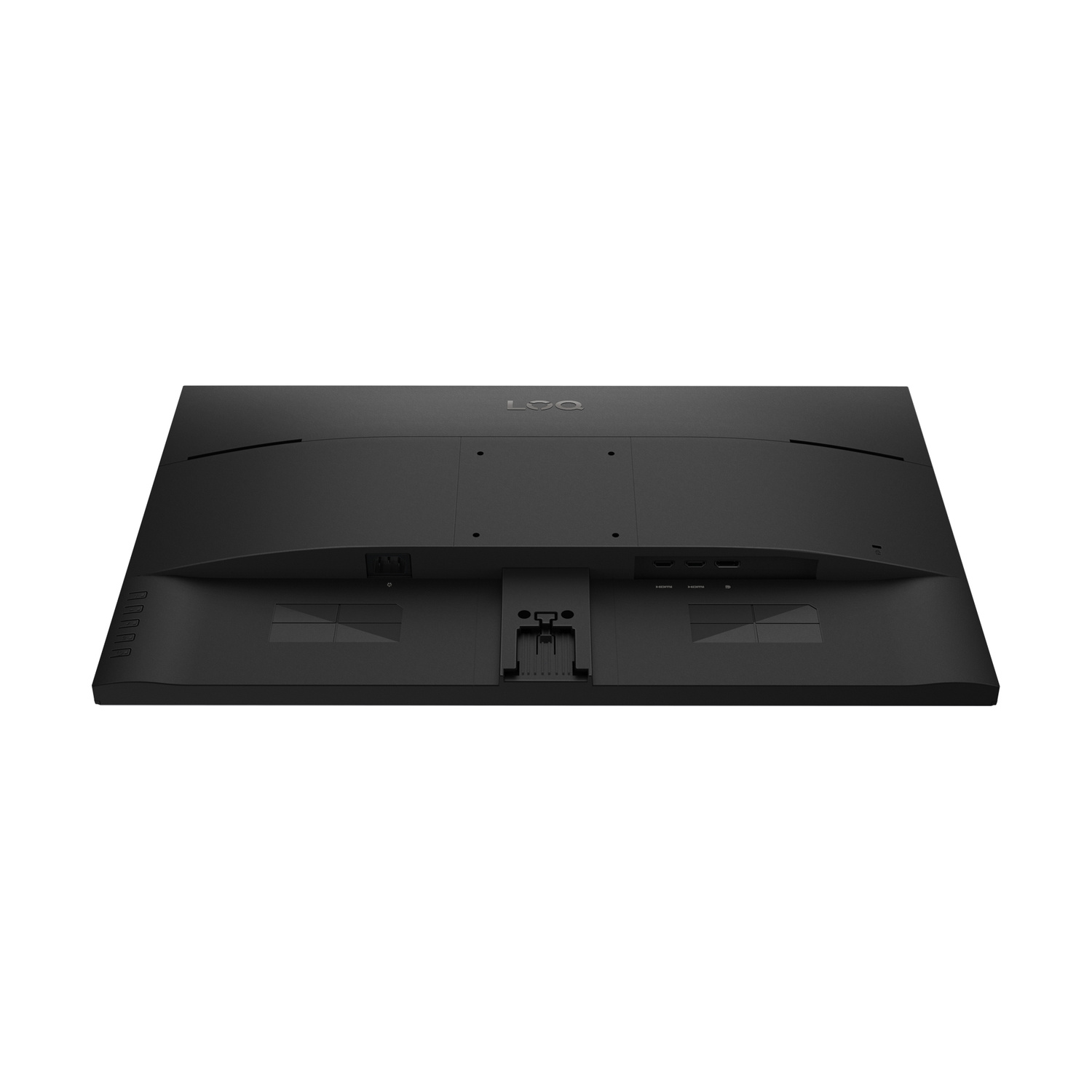 Vista posteriore di un monitor nero che mostra porte e fessure di ventilazione.