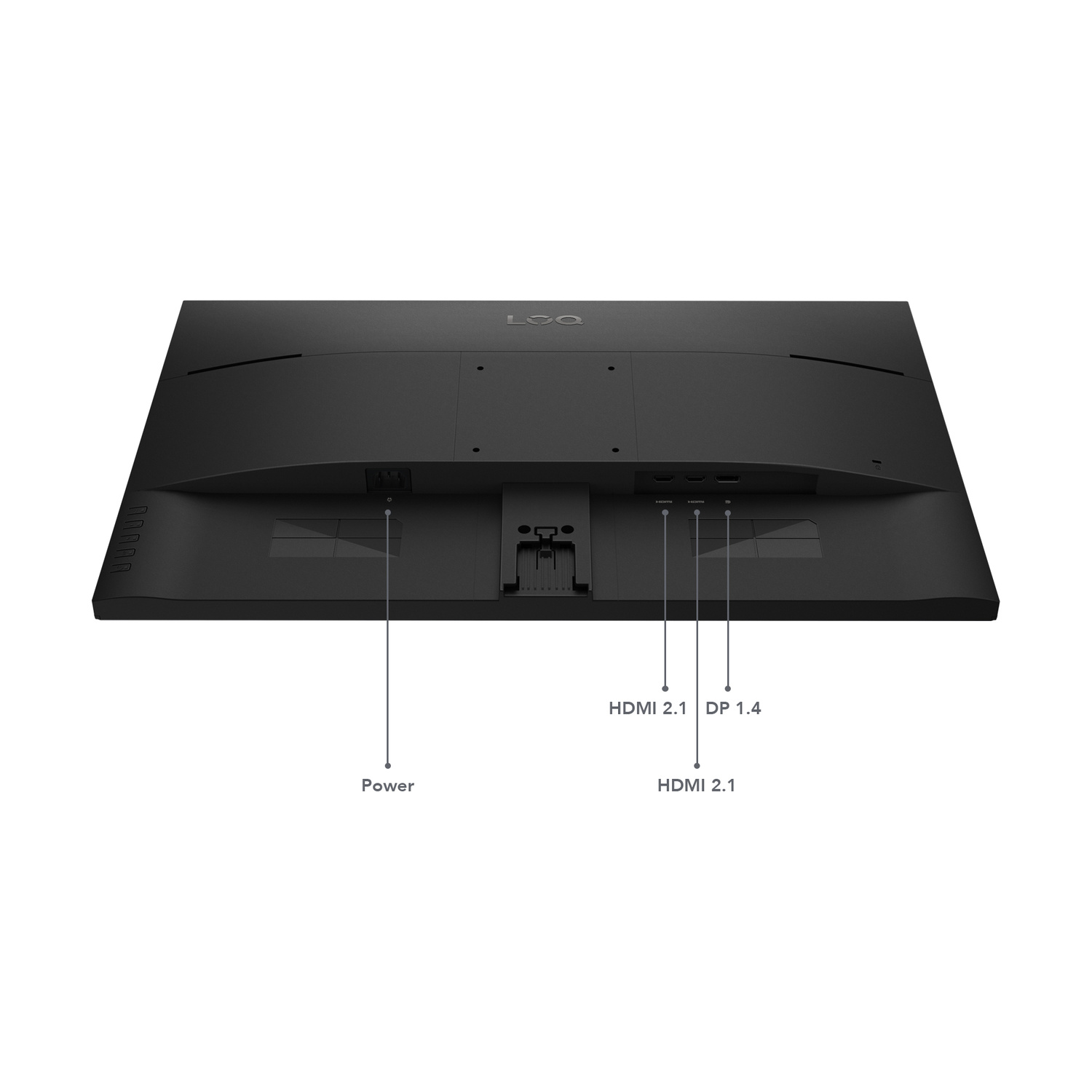 Retro di un monitor nero con porte: Alimentazione, 2x HDMI 2.1, DP 1.4.