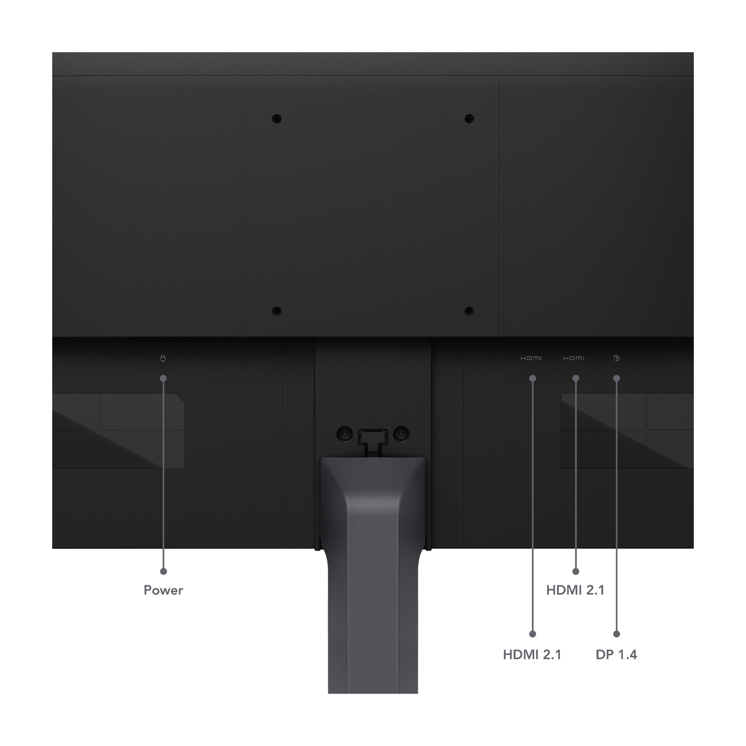 Retro di un monitor nero con porte: Alimentazione, HDMI 2.1, HDMI 2.1, DP 1.4.
