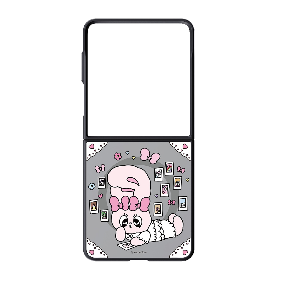Pembe tavşan resimli ve fiyonklu yerde yatıyor. Telefon kılıfı.