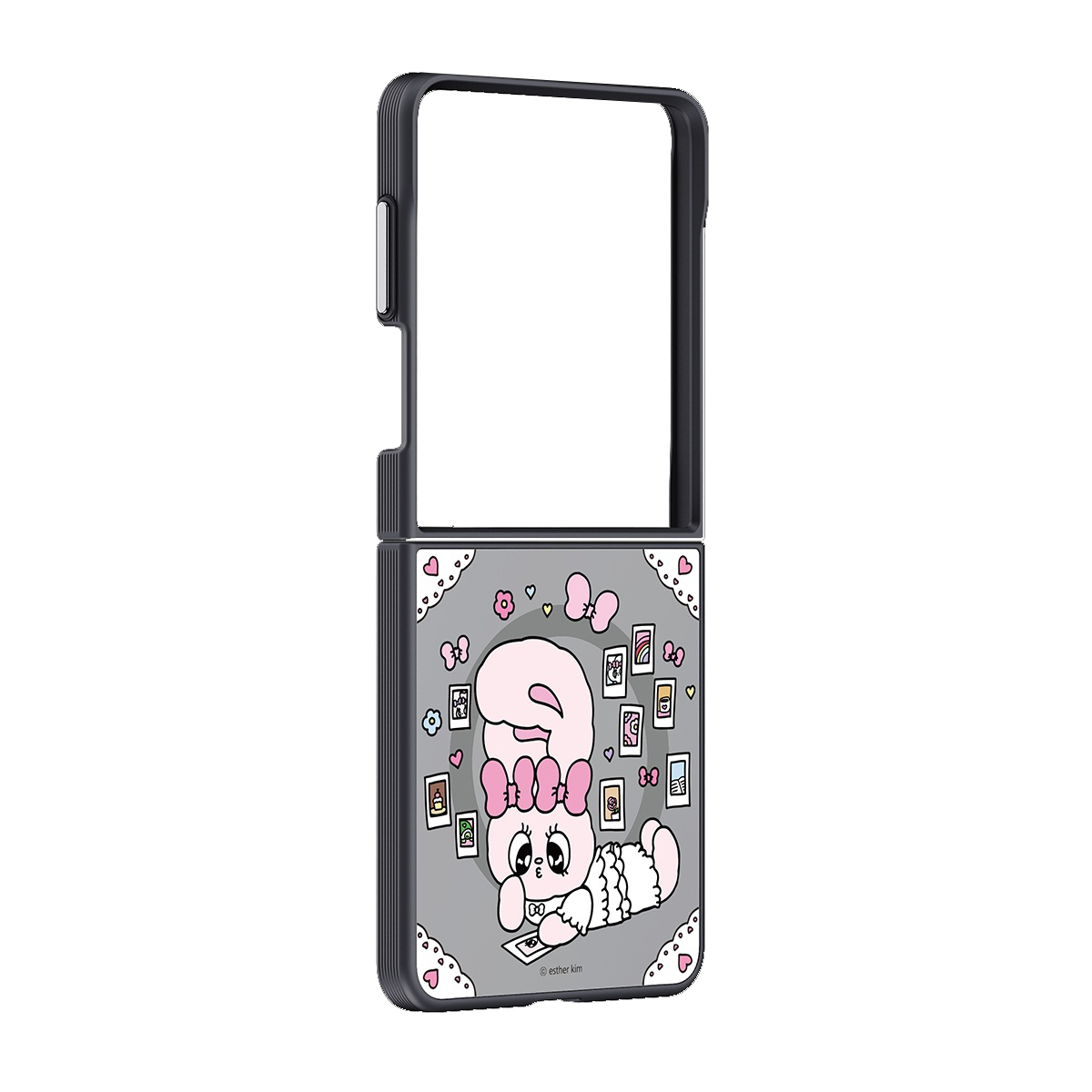 Alt yarısında pembe çizgi film tavşan tasarımlı açık kapaklı telefon.