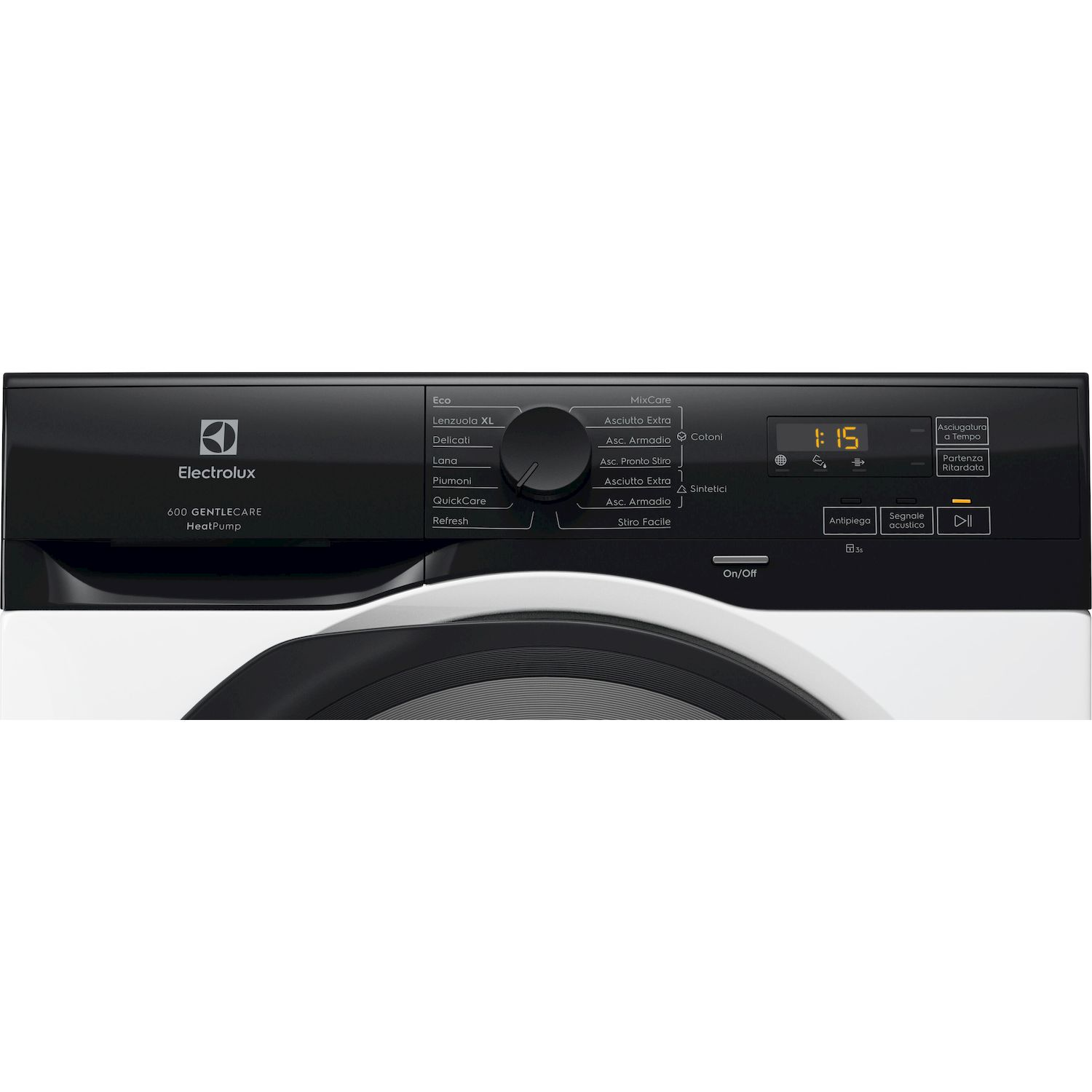 Pannello di controllo di un'asciugatrice Electrolux a pompa di calore con selezione programmi e display digitale.